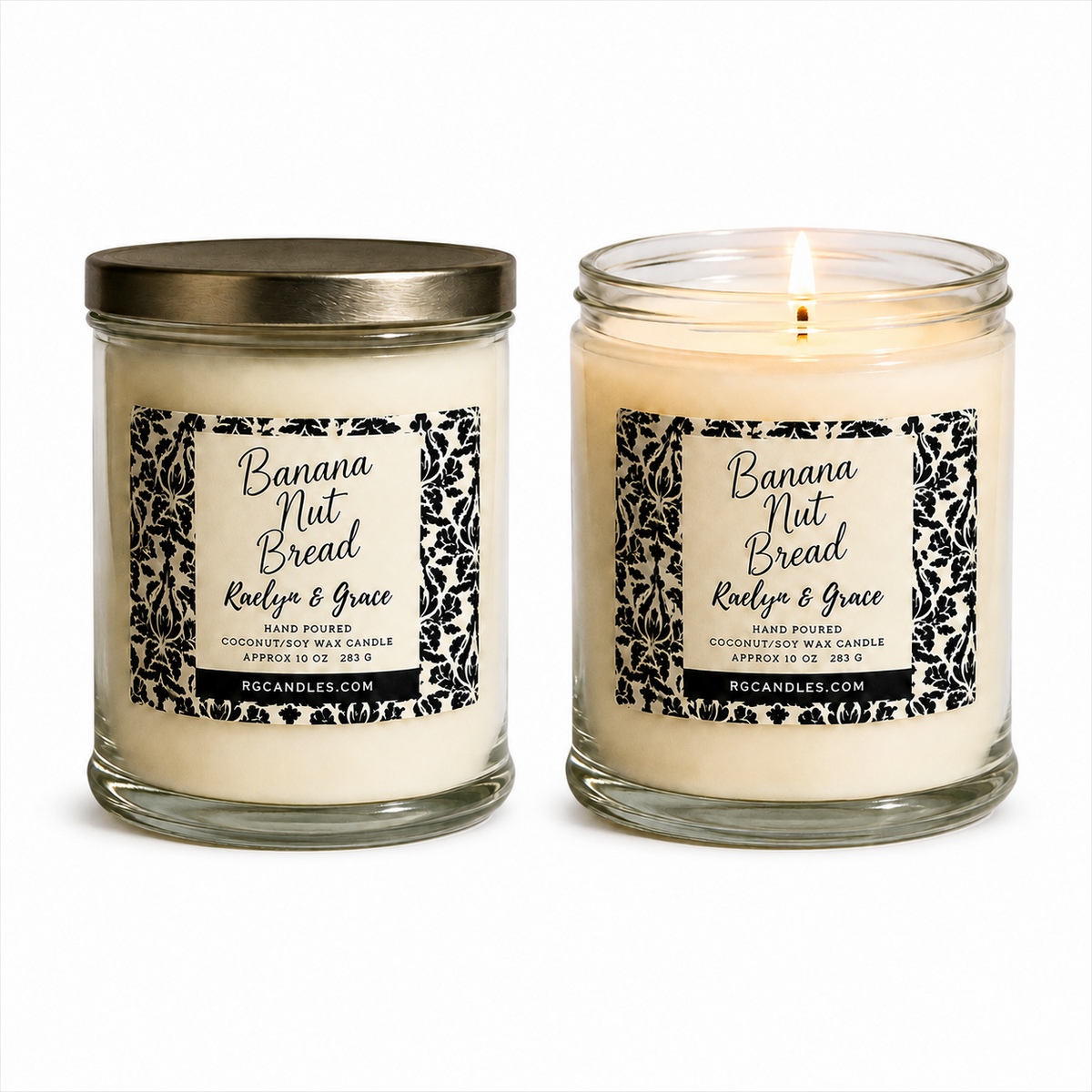 Raelyn & Grace Banana Nut Bread 10oz candle, unlit with lid and lit without lid