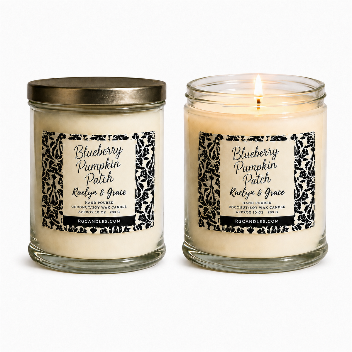Raelyn & Grace Blueberry Pumpkin Patch 10oz candle, unlit with lid and lit without lid