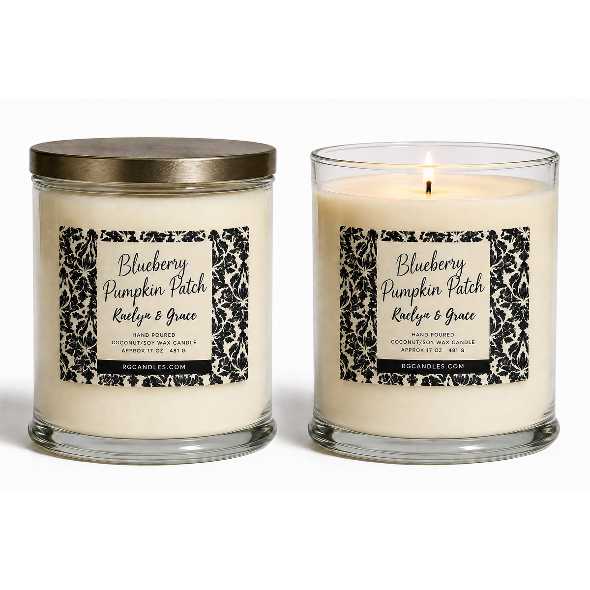 Blueberry Pumpkin Patch 17oz candle, unlit with lid and lit without lid