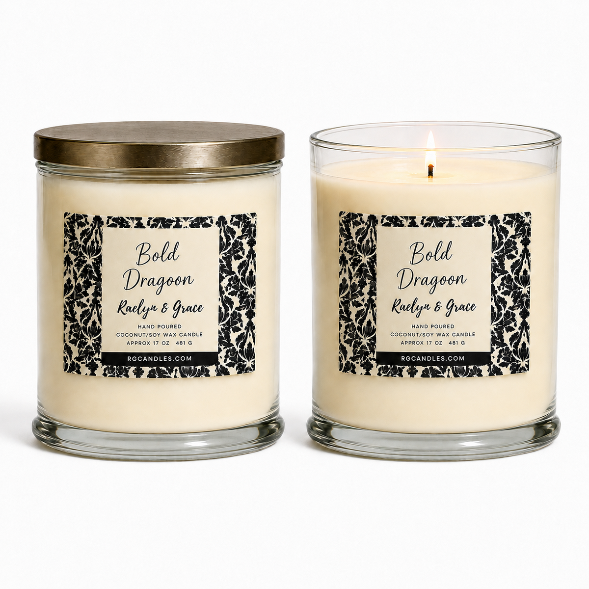 Raelyn & Grace Bold Dragoon 17oz candle, unlit with lid and lit without lid
