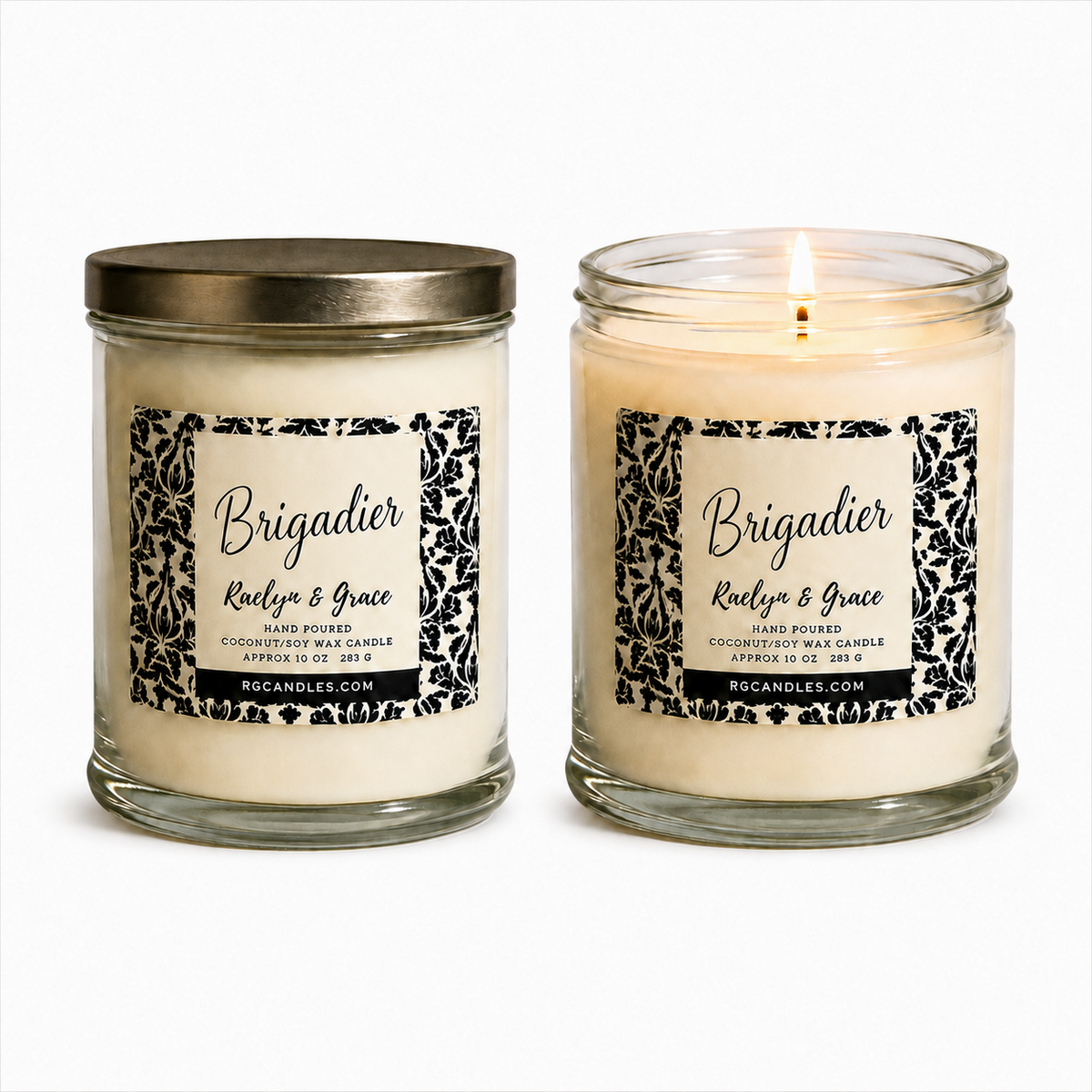Raelyn & Grace Brigadier 10oz candle, unlit with lid and lit without lid