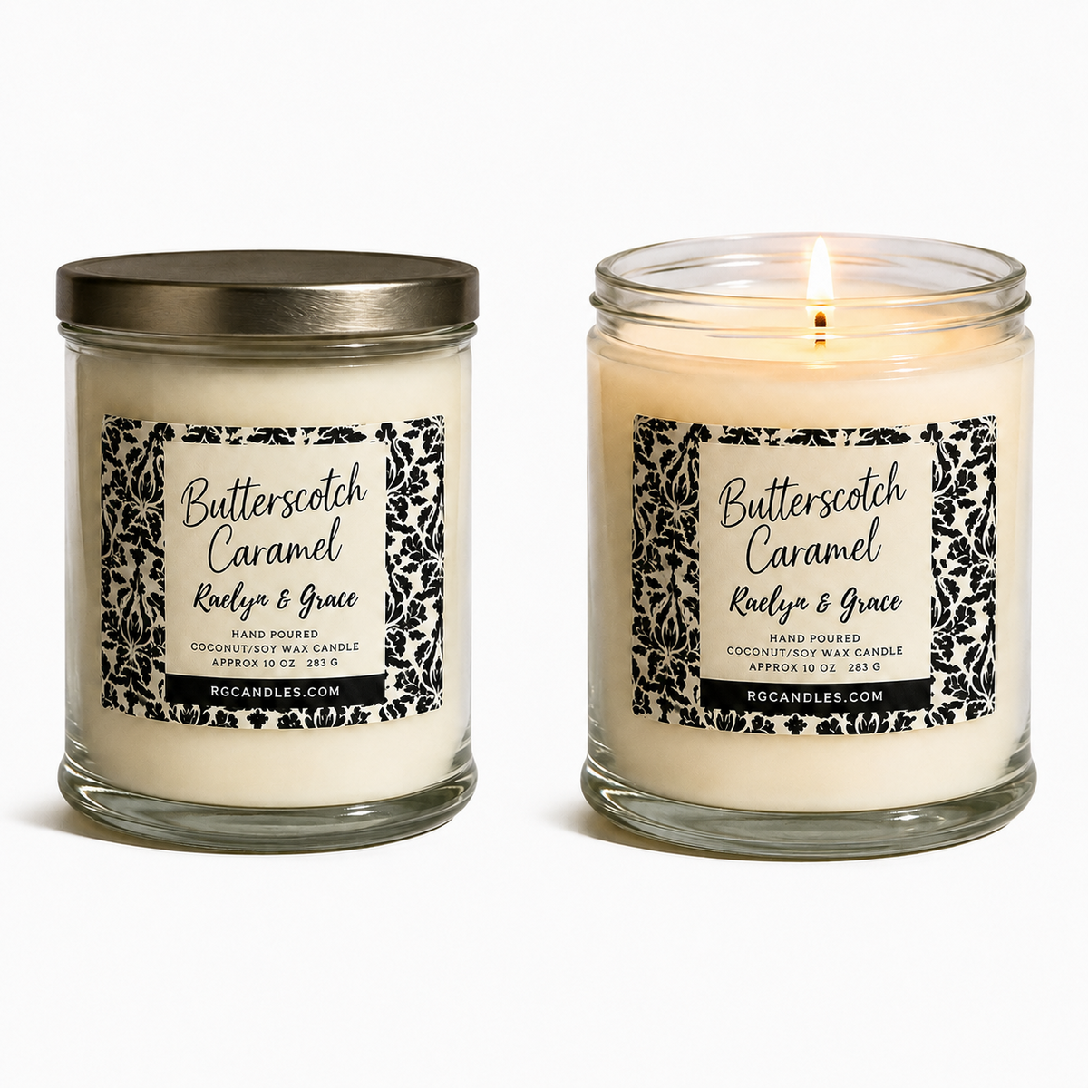 Butterscotch Caramel 10oz candle, unlit with lid and lit without lid