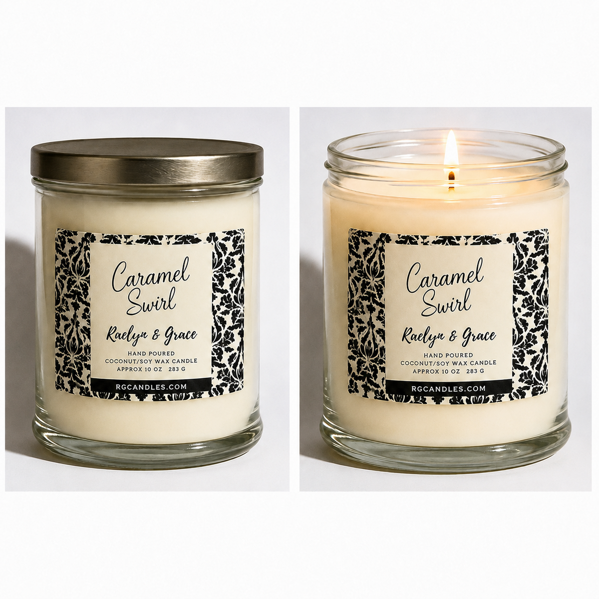 Caramel Swirl 10oz candle, unlit with lid and lit without lid