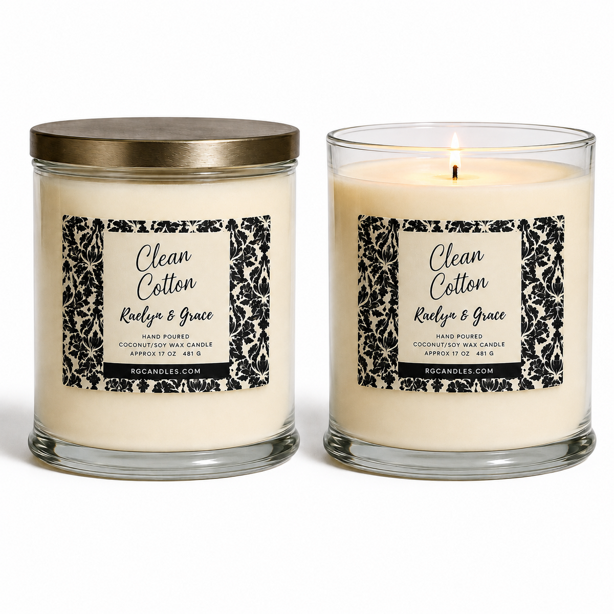 Clean Cotton 17oz candle, unlit with lid and lit without lid