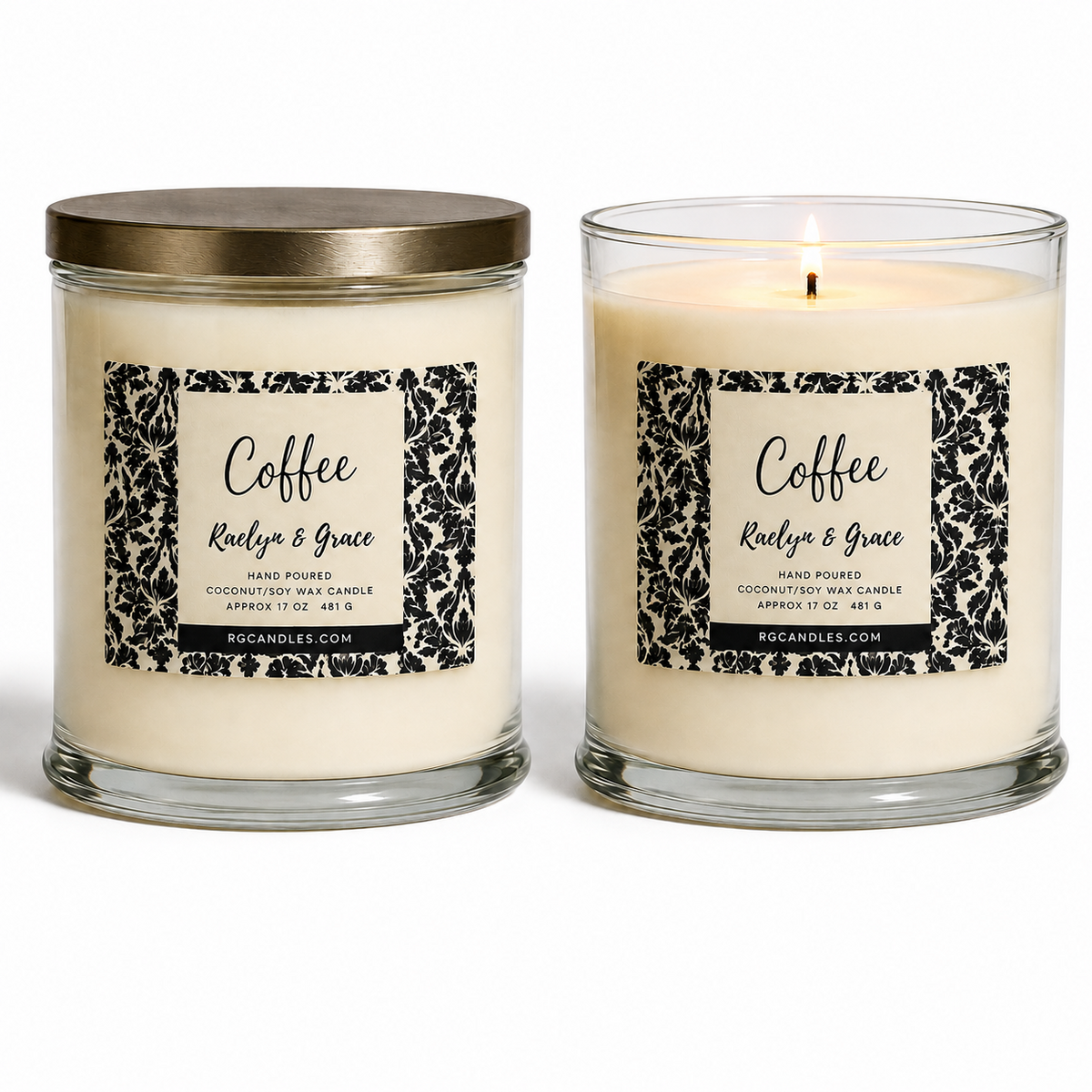 Coffee 17oz candle, unlit with lid and lit without lid