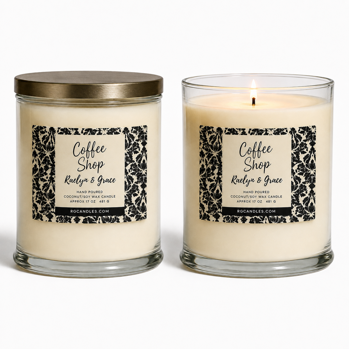 Coffee Shop 17oz candle, unlit with lid and lit without lid