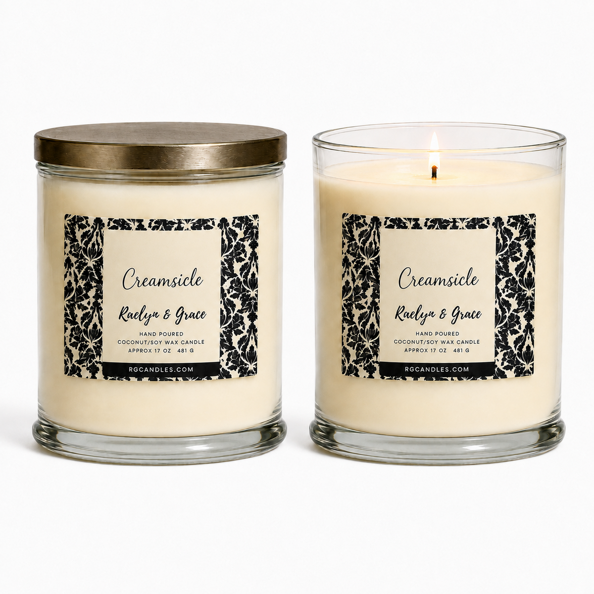 Raelyn & Grace Creamsicle 17oz candle, unlit with lid and lit without lid