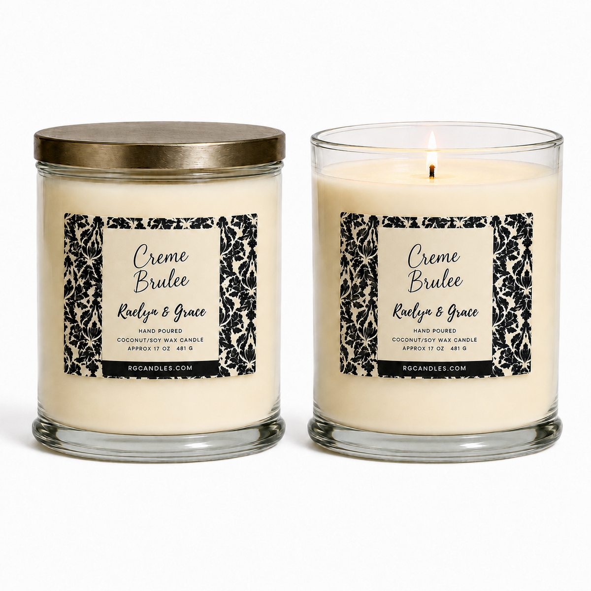 Raelyn & Grace Creme Brulee 17oz candle, unlit with lid and lit without lid