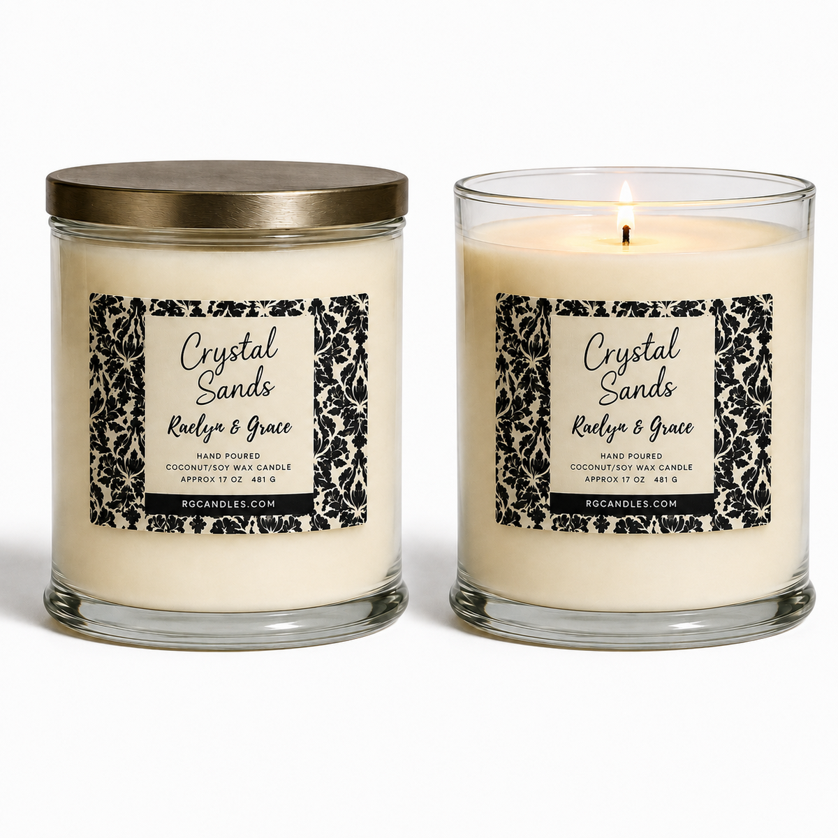 Crystal Sands 17oz candle, unlit with lid and lit without lid