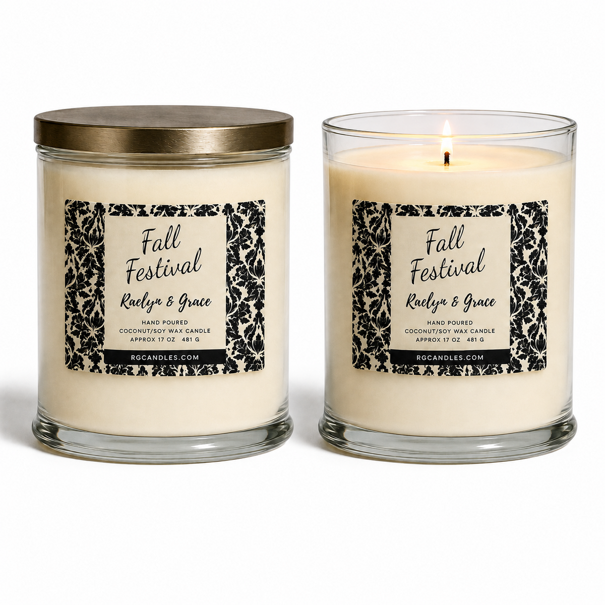 Fall Festival 17oz candle, unlit with lid and lit without lid