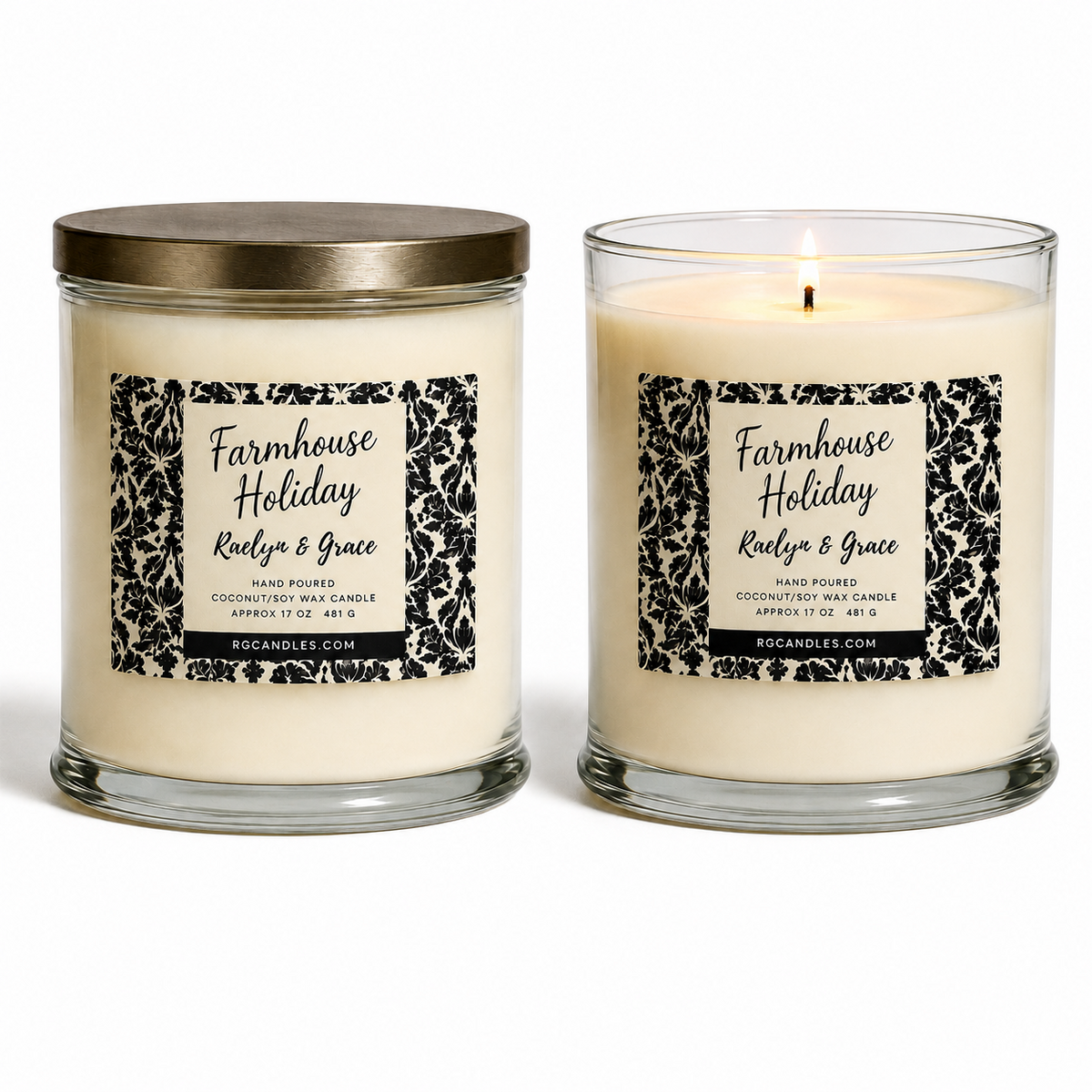 Farmhouse Holiday 17oz candle, unlit with lid and lit without lid