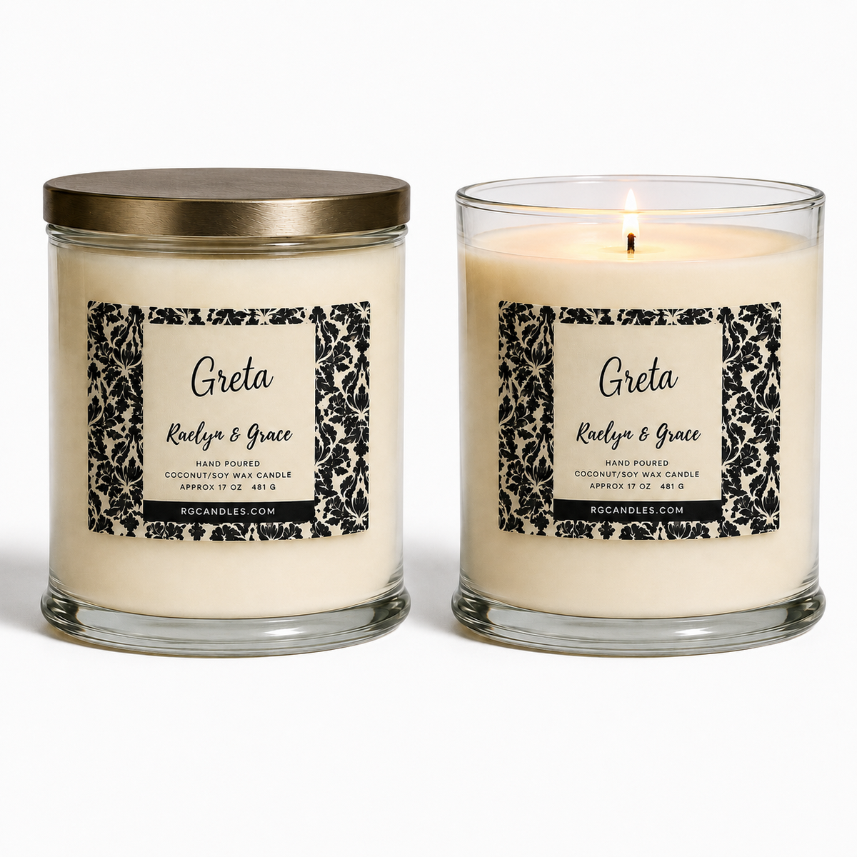 Greta 17oz candle, unlit with lid and lit without lid