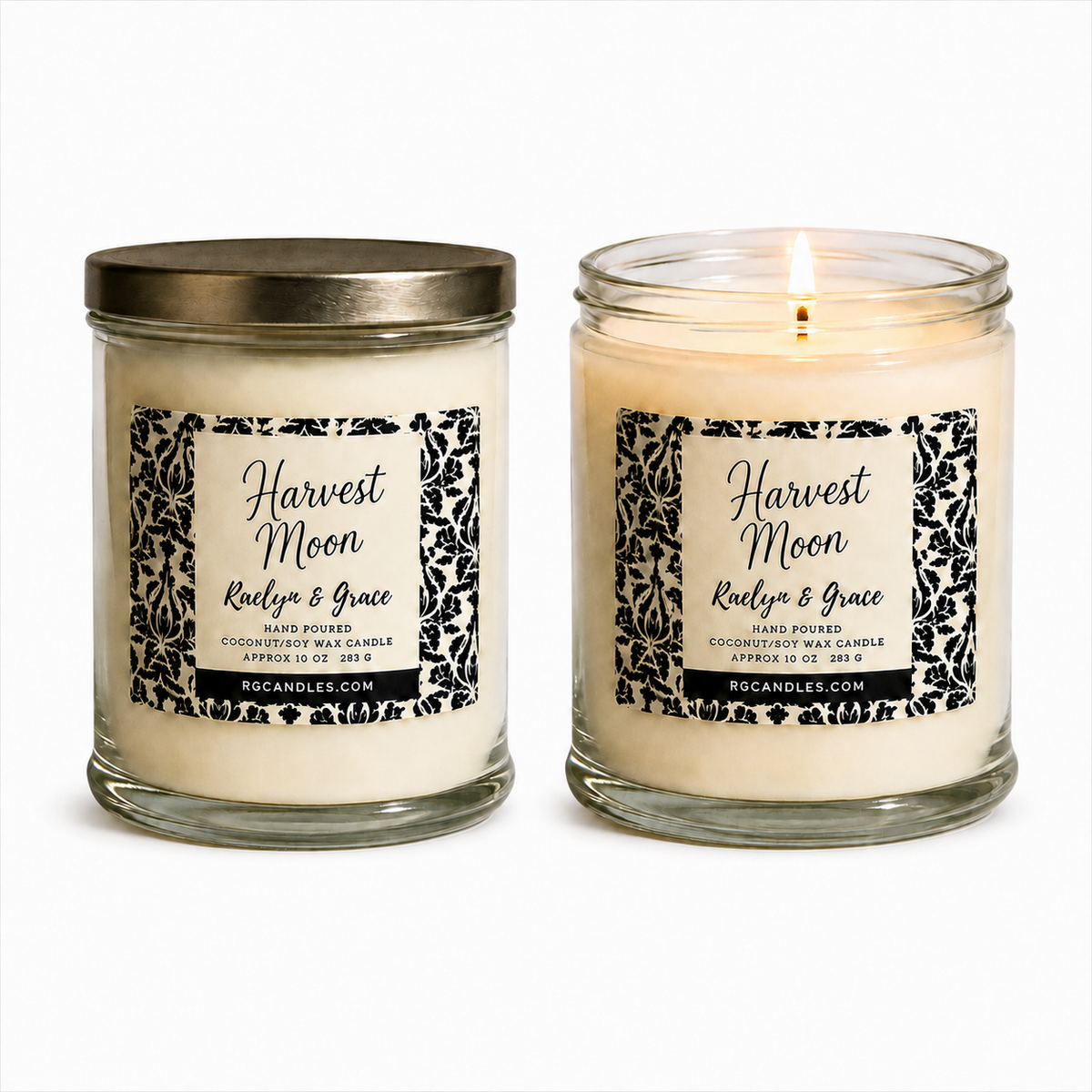 Harvest Moon 10oz candle, unlit with lid and lit without lid