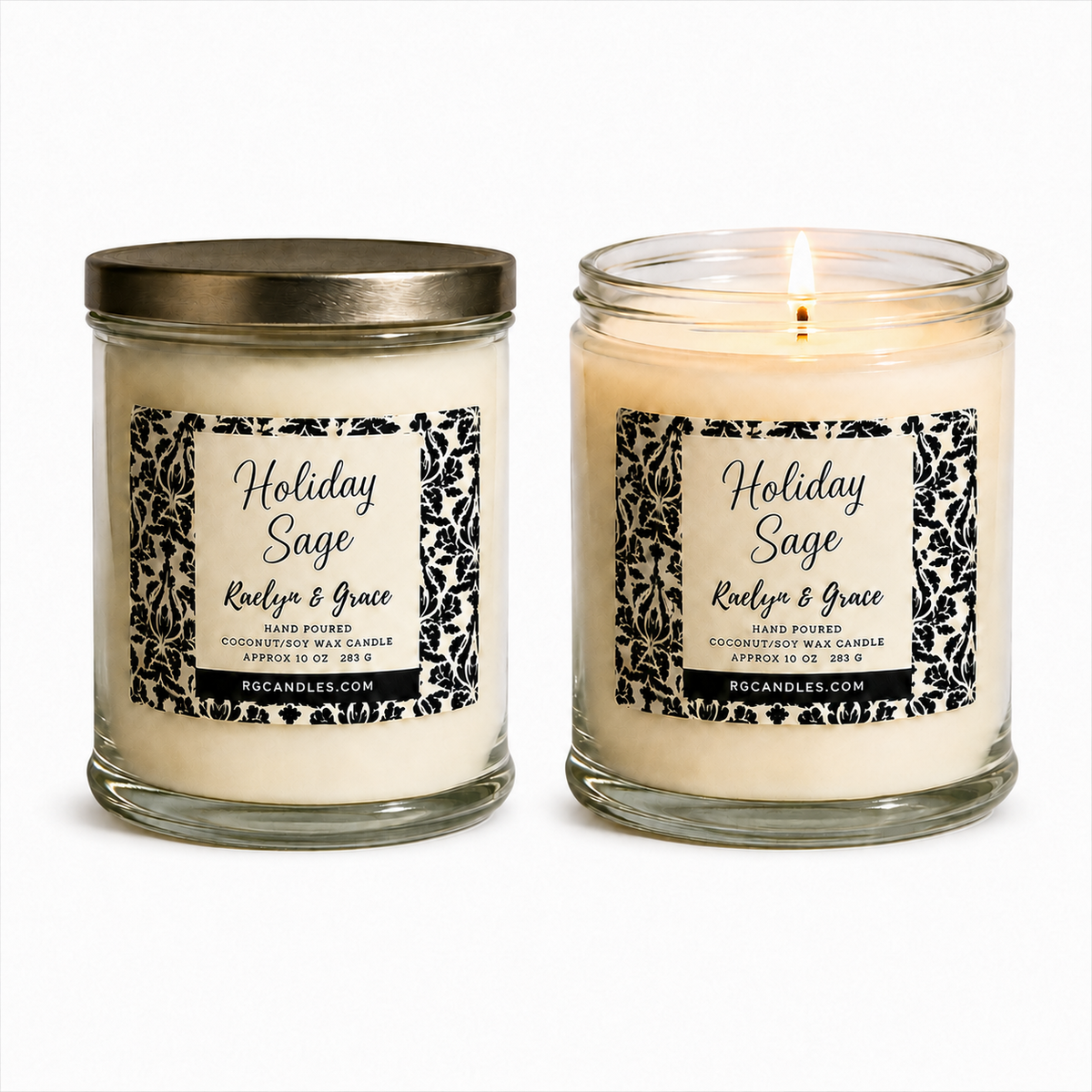 Holiday Sage 17oz candle, unlit with lid and lit without lid