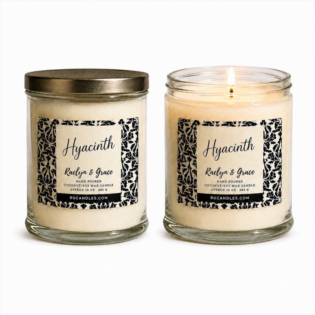 Hyacinth 10oz candle, unlit with lid and lit without lid