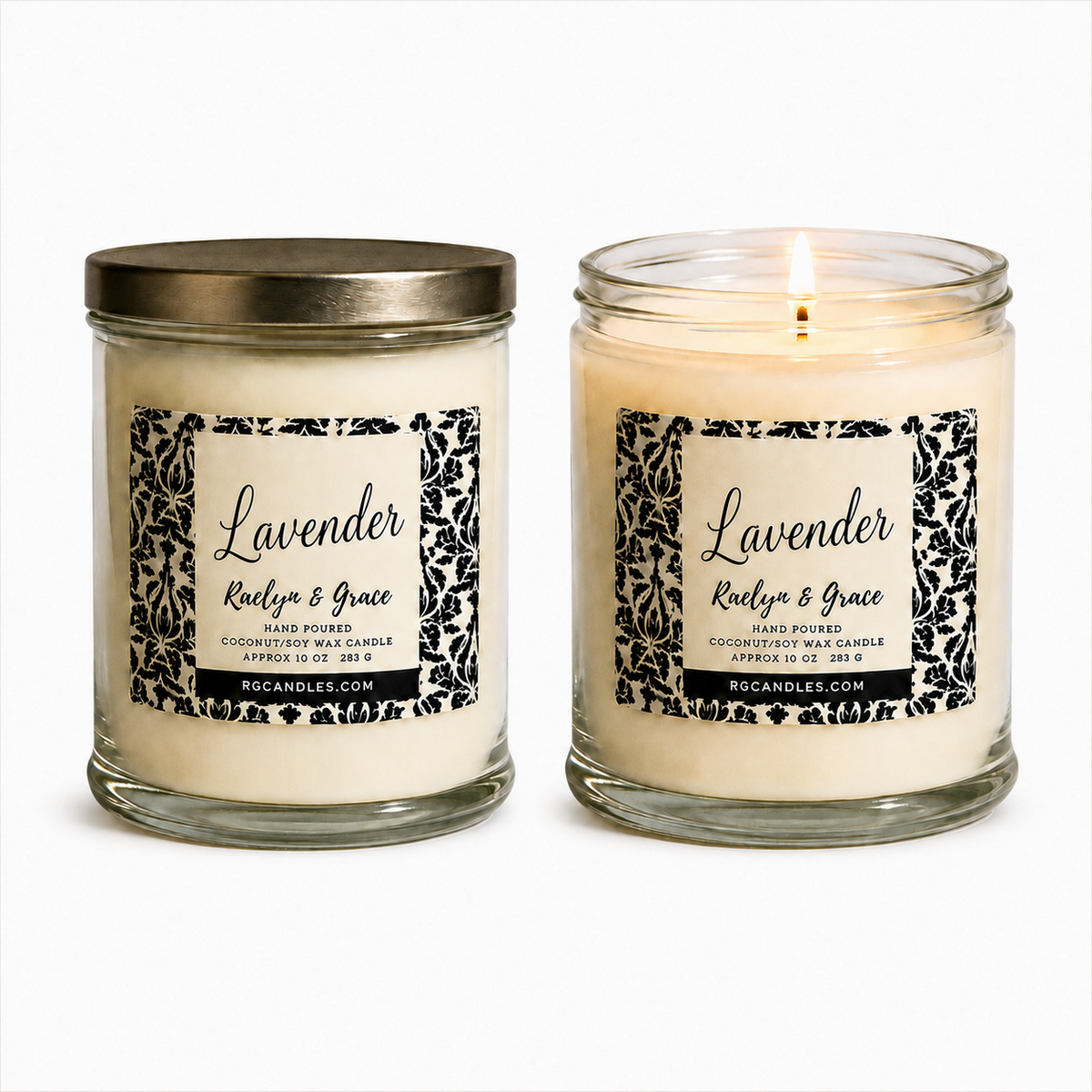 Lavender 10oz candle, unlit with lid and lit without lid