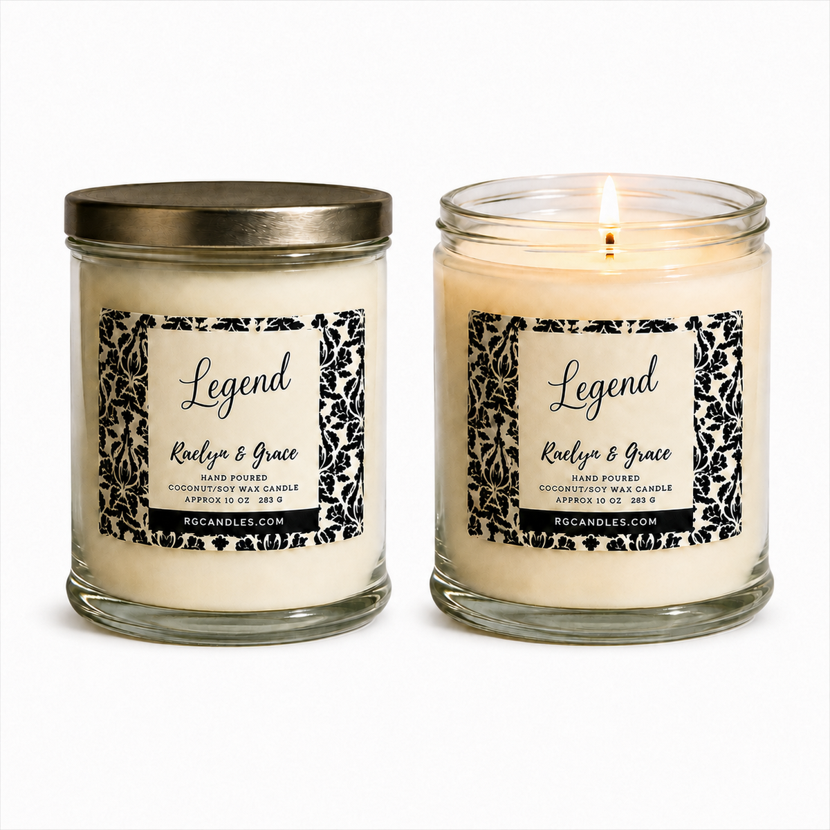 Legend 10oz candle, unlit with lid and lit without lid