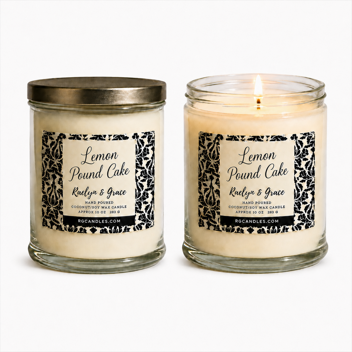 Lemon Pound Cake 10oz candle, unlit with lid and lit without lid