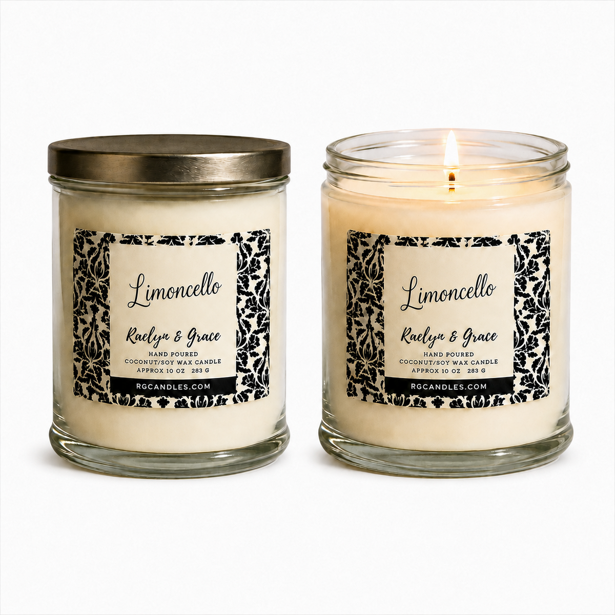 Limoncello 10oz candle, unlit with lid and lit without lid