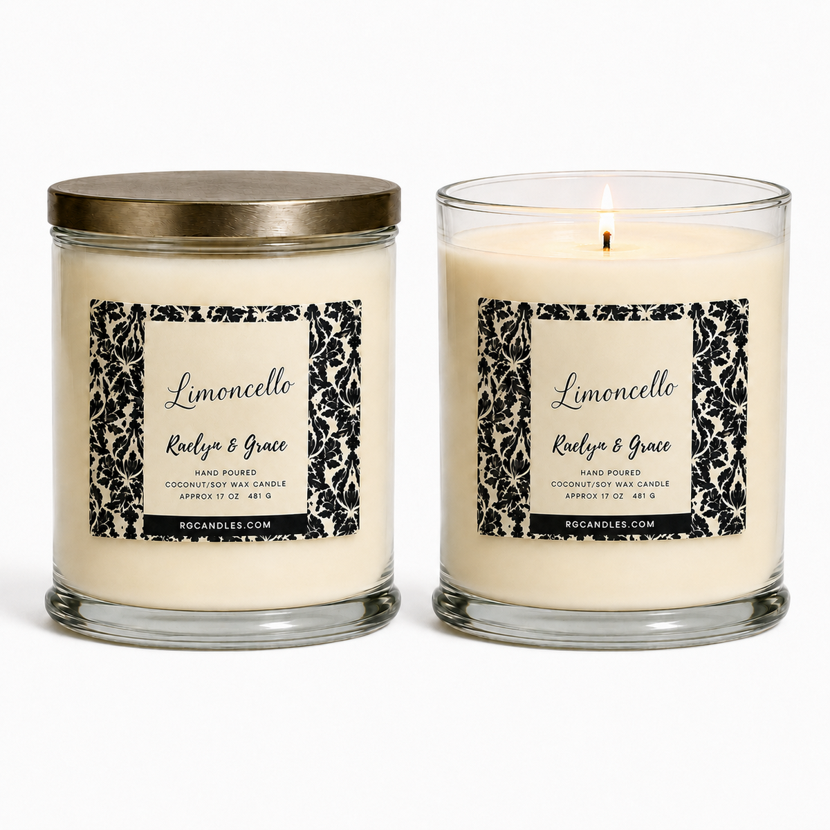 Limoncello 17oz candle, unlit with lid and lit without lid