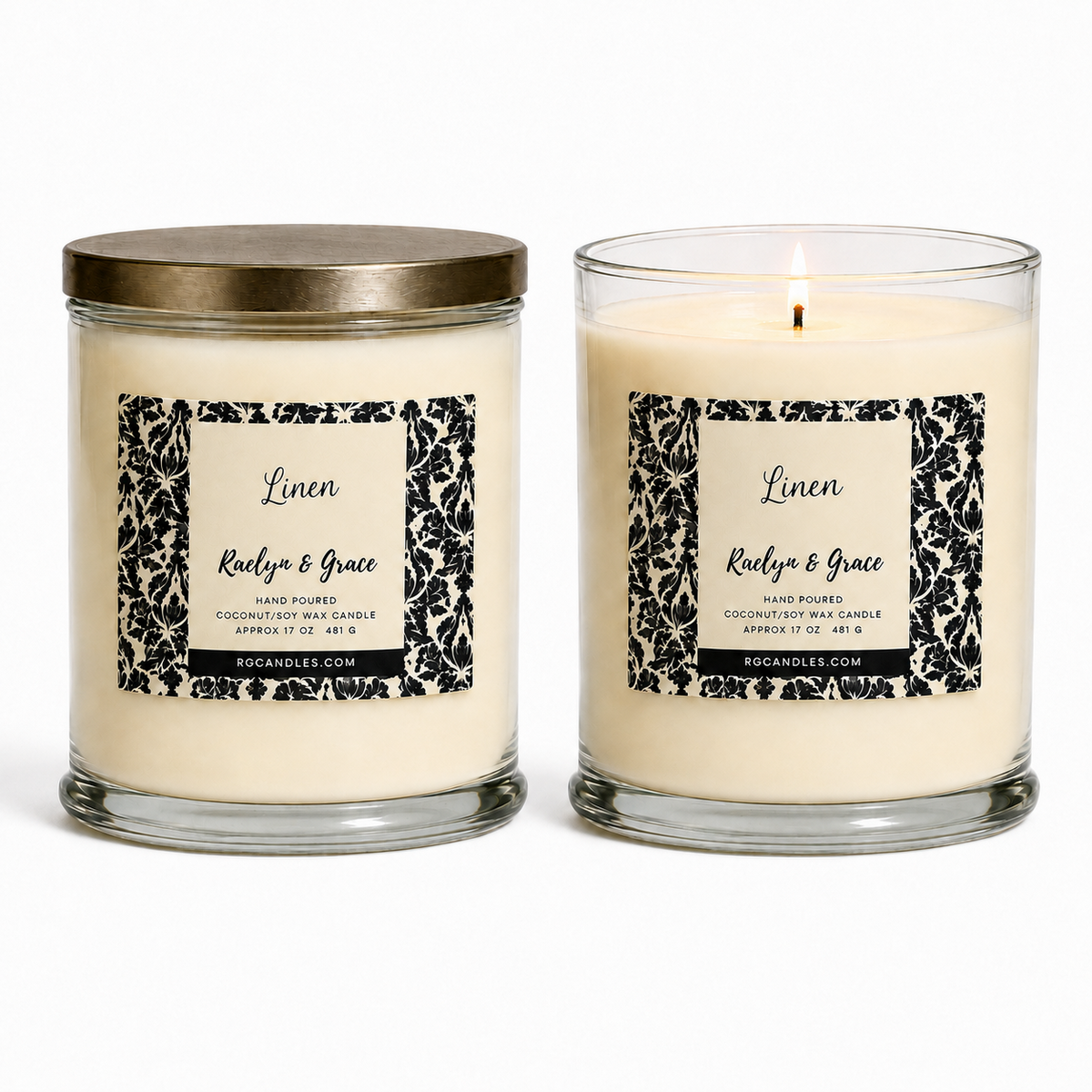 Linen 17oz candle, unlit with lid and lit without lid