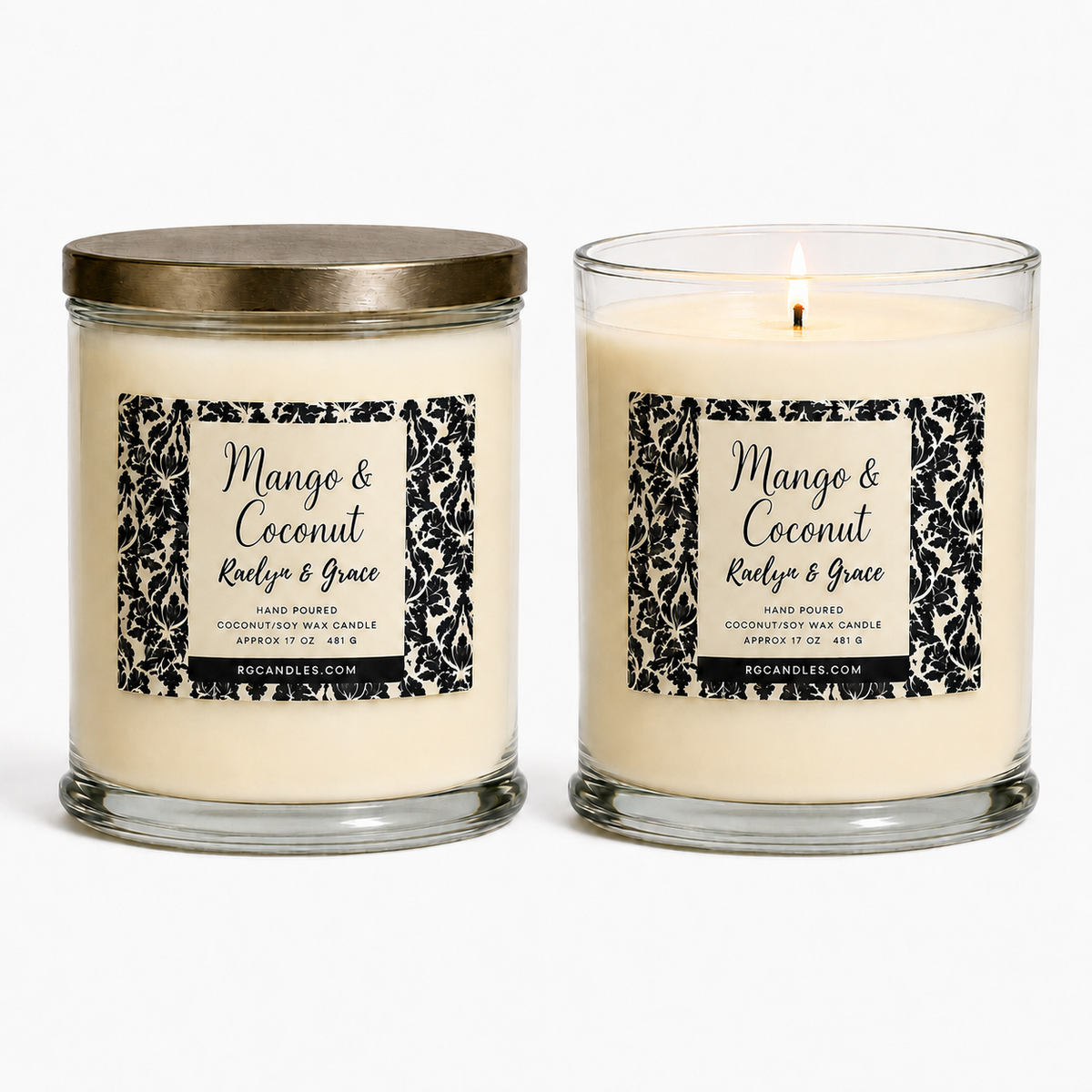 Mango and Coconut Milk 17oz candle, unlit with lid and lit without lid