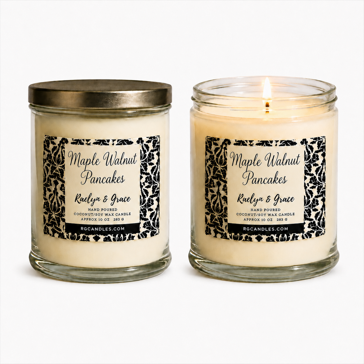 Maple Walnut Pancakes 10oz candle, unlit with lid and lit without lid