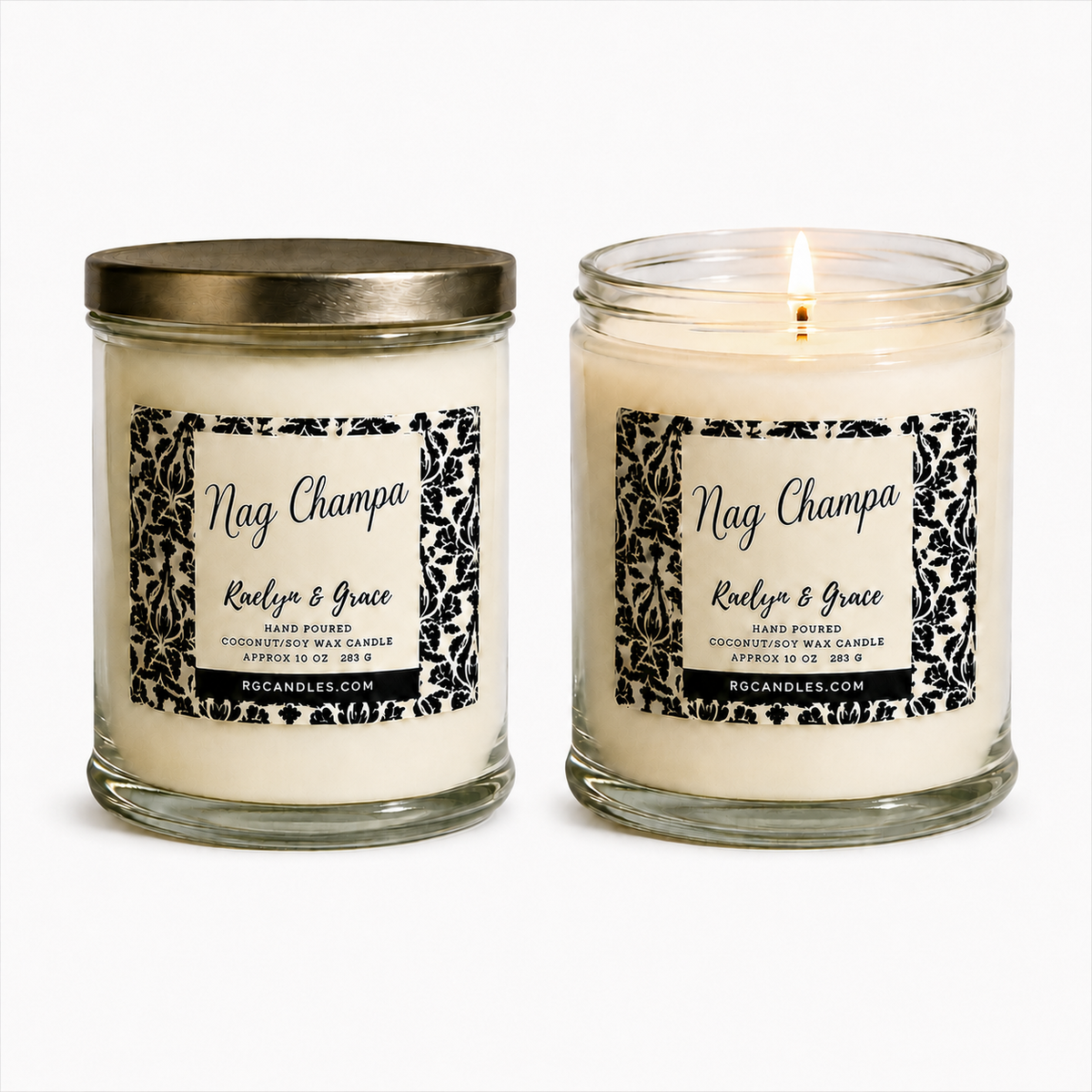 Nag Champa 10oz candle, unlit with lid and lit without lid