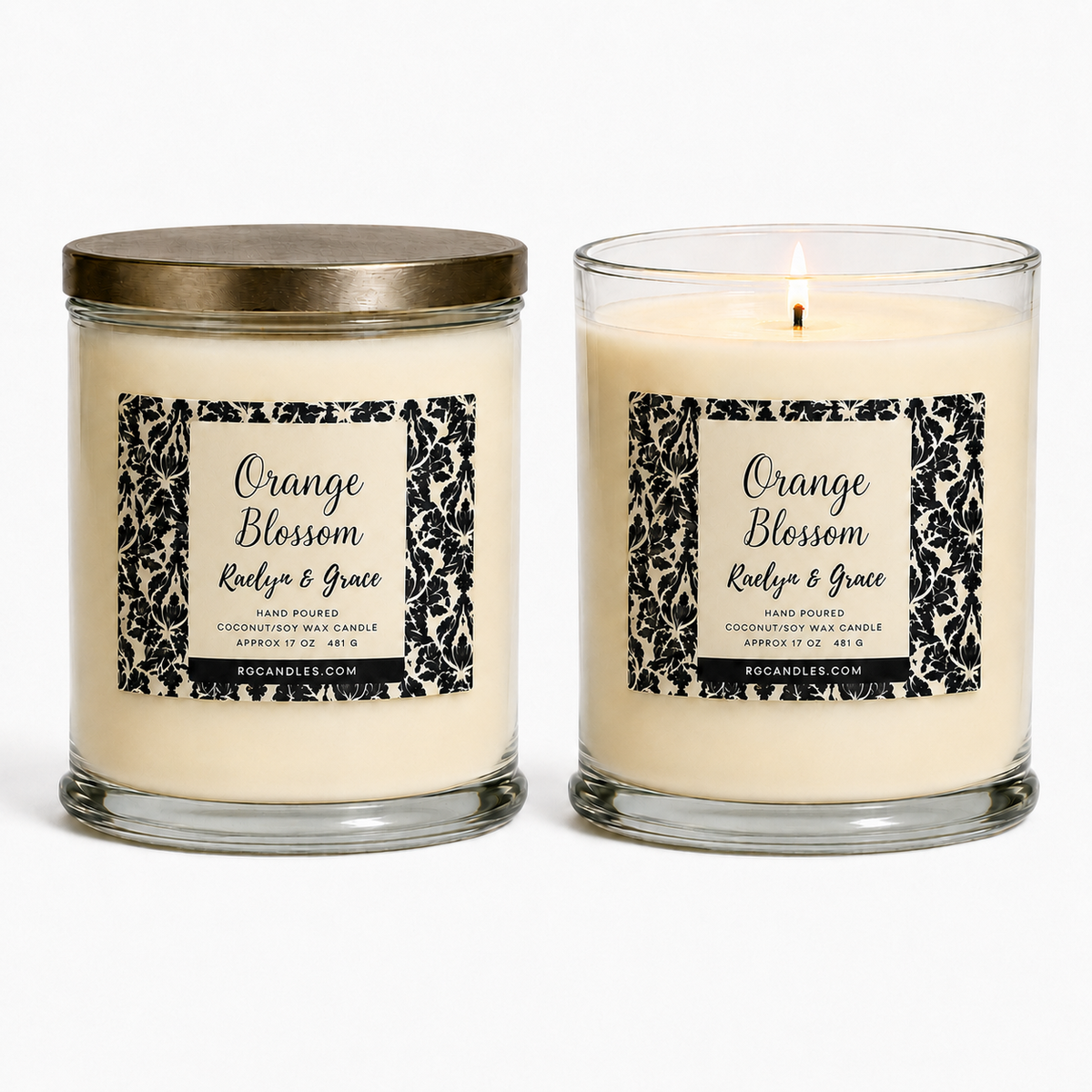 Orange Blossom 17oz candle, unlit with lid and lit without lid