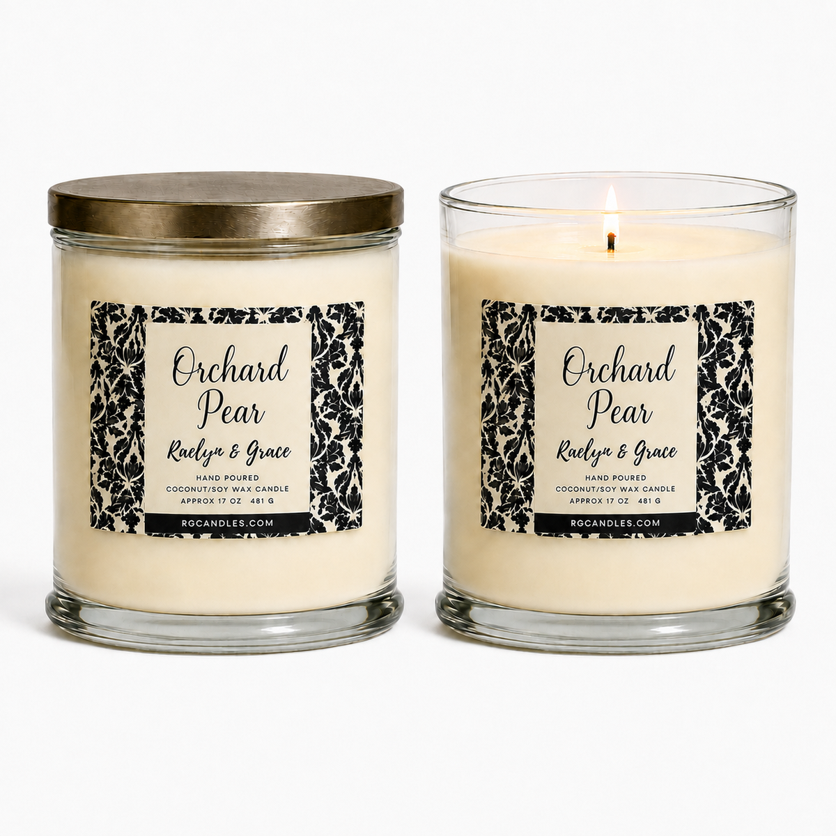 Orchard Pear 17oz candle, unlit with lid and lit without lid