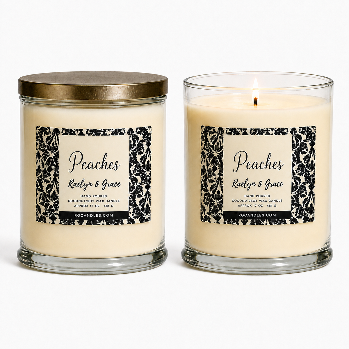 Peaches 17oz candle, unlit with lid and lit without lid