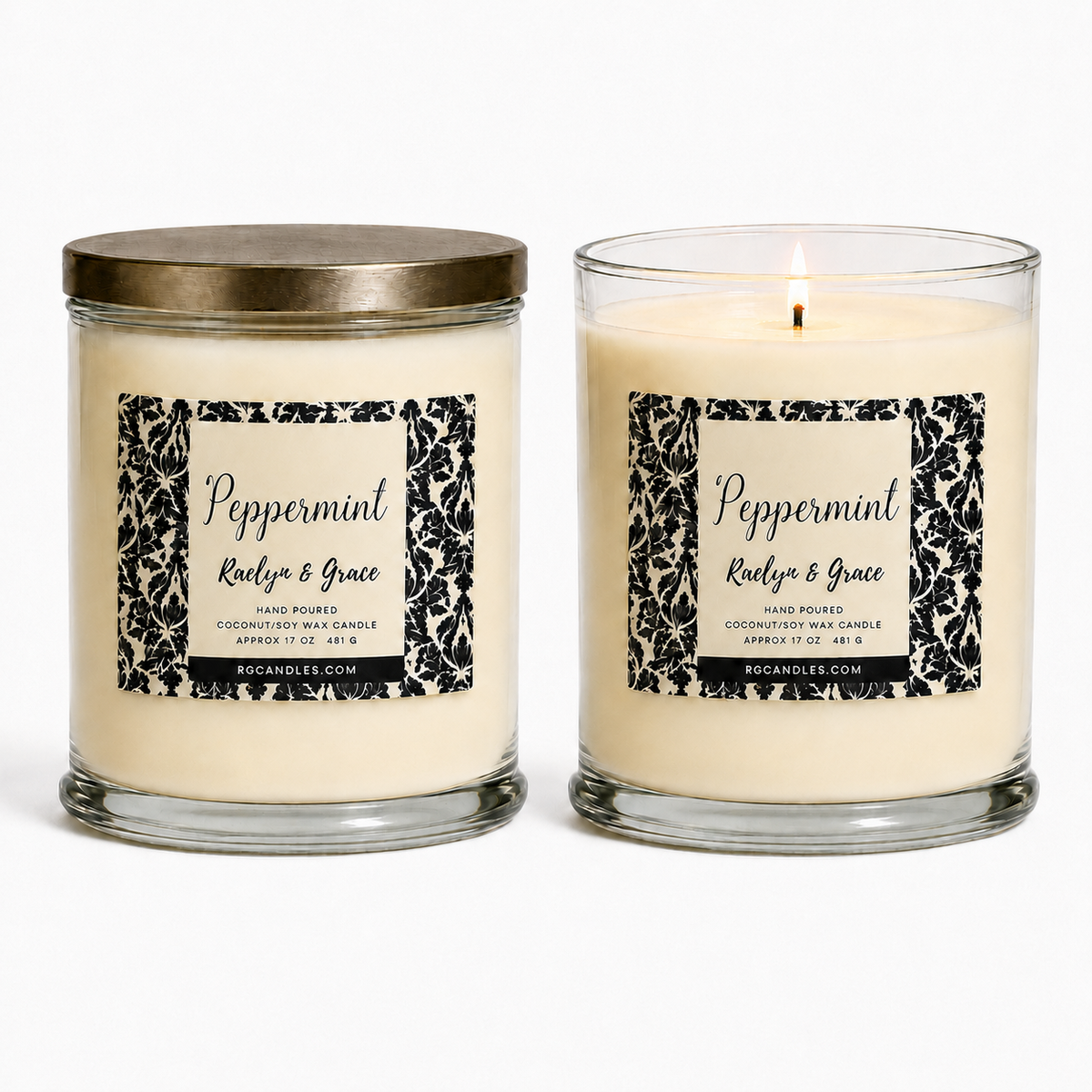 Peppermint 17oz candle, unlit with lid and lit without lid