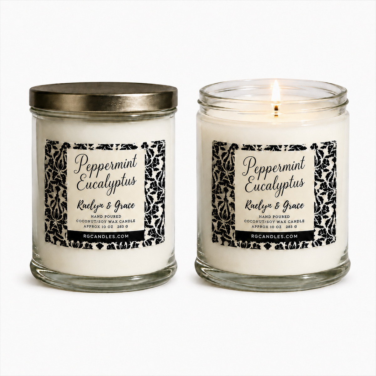 Peppermint Eucalyptus 10oz candle, unlit with lid and lit without lid