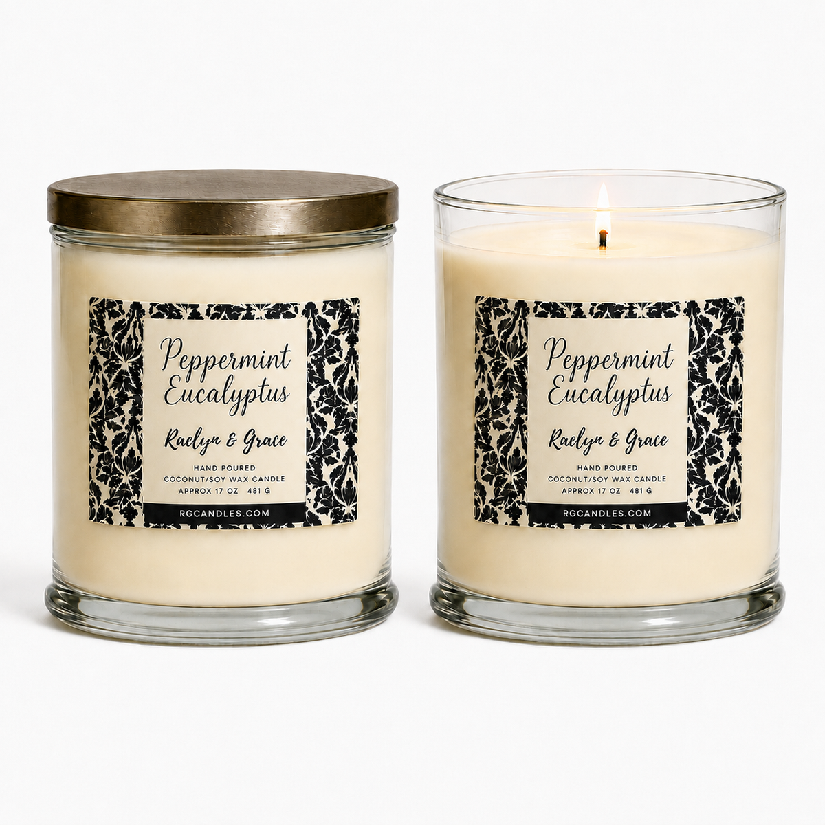 Peppermint Eucalyptus 17oz candle, unlit with lid and lit without lid