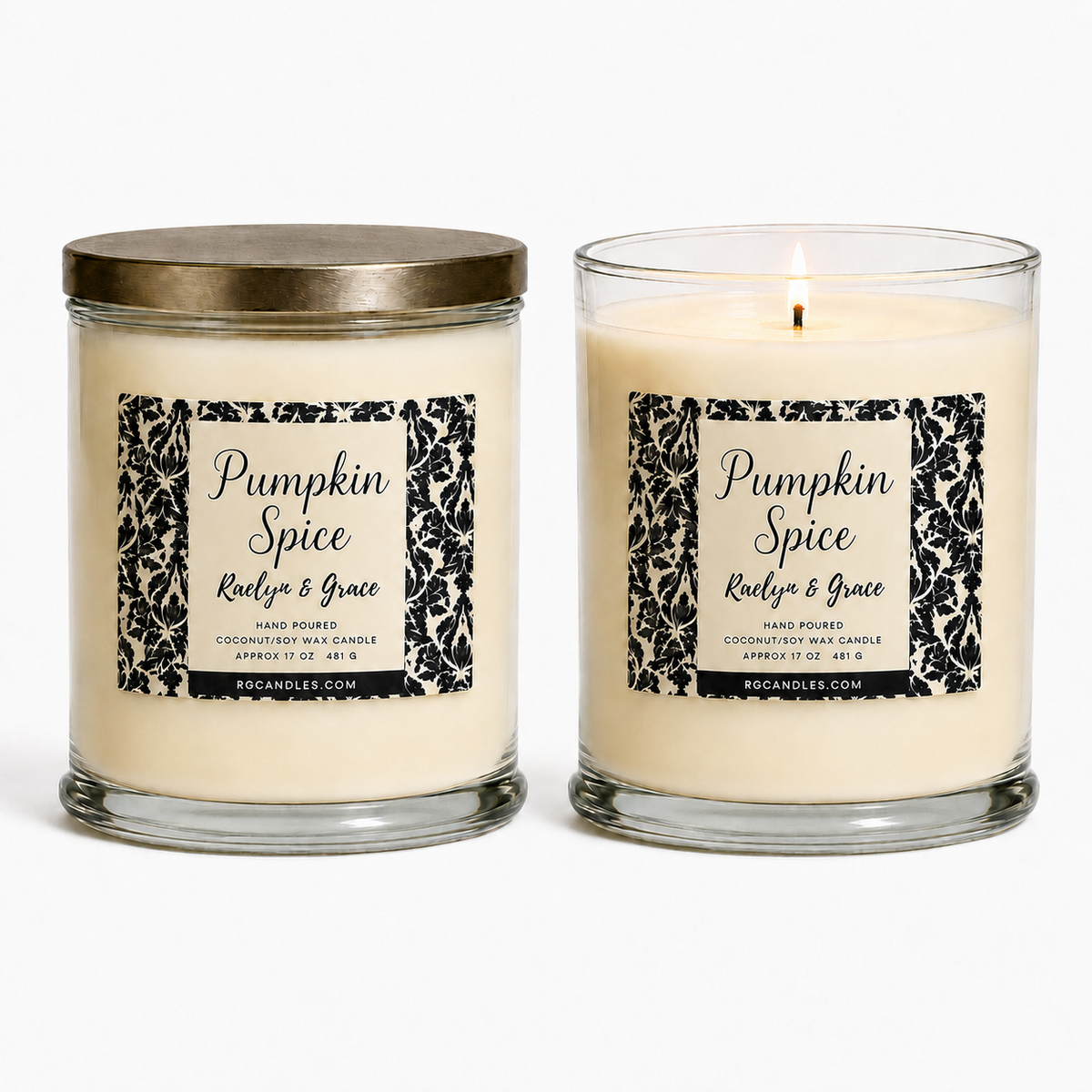 Pumpkin Spice 17oz candle, unlit with lid and lit without lid