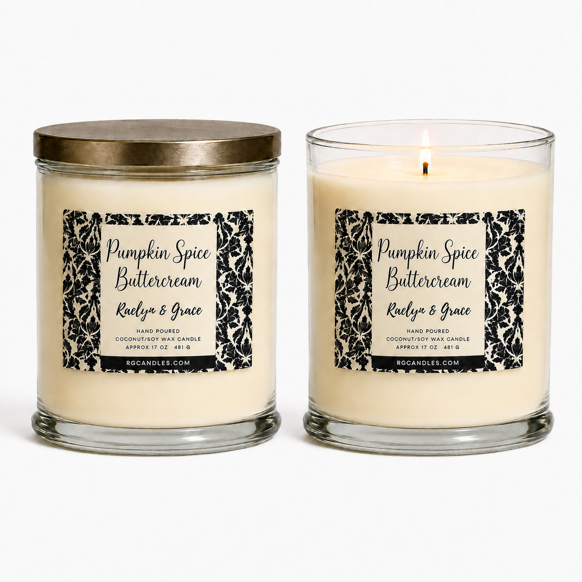 Pumpkin Spice Buttercream 17oz candle, unlit with lid and lit without lid