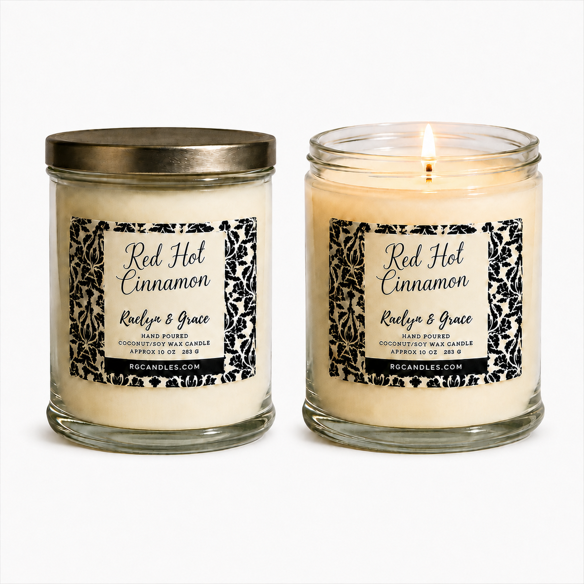 Red Hot Cinnamon 10oz candle, unlit with lid and lit without lid
