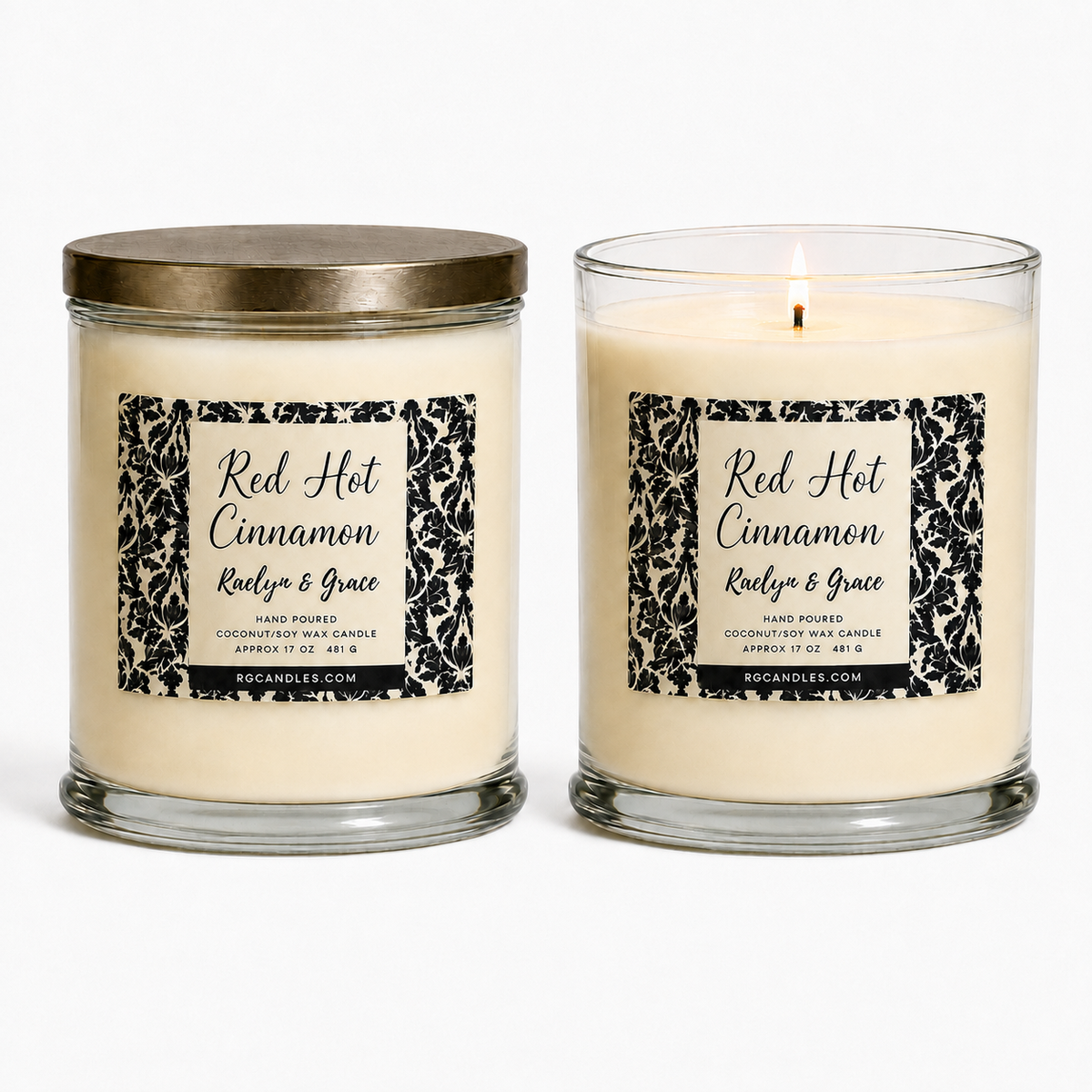 Red Hot Cinnamon 17oz candle, unlit with lid and lit without lid