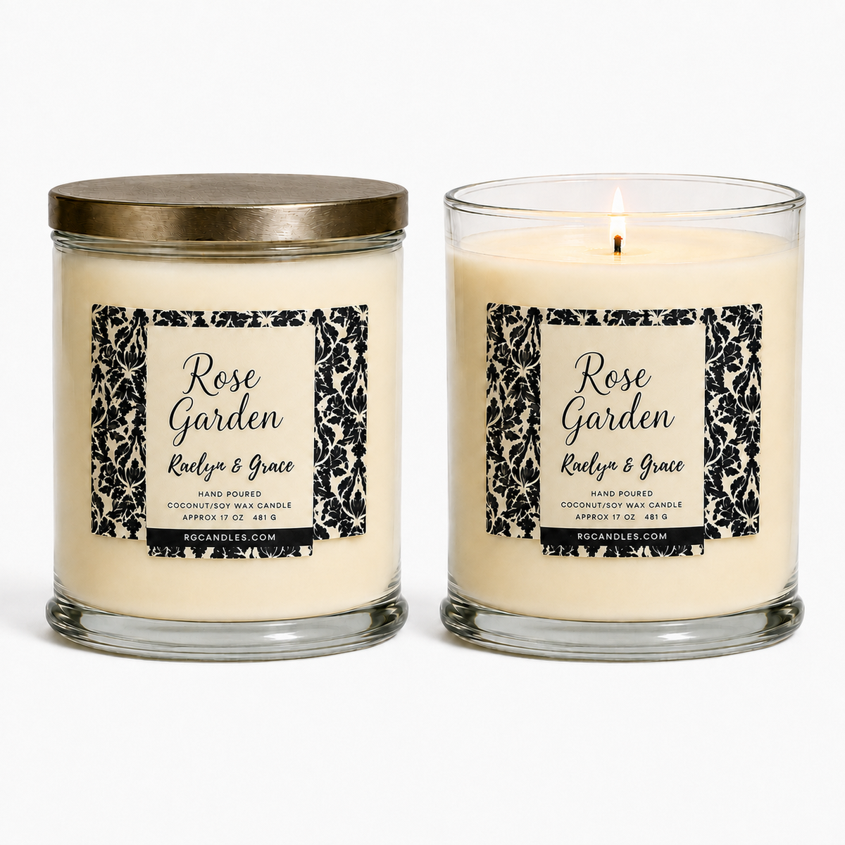 Rose Garden 17oz candle, unlit with lid and lit without lid