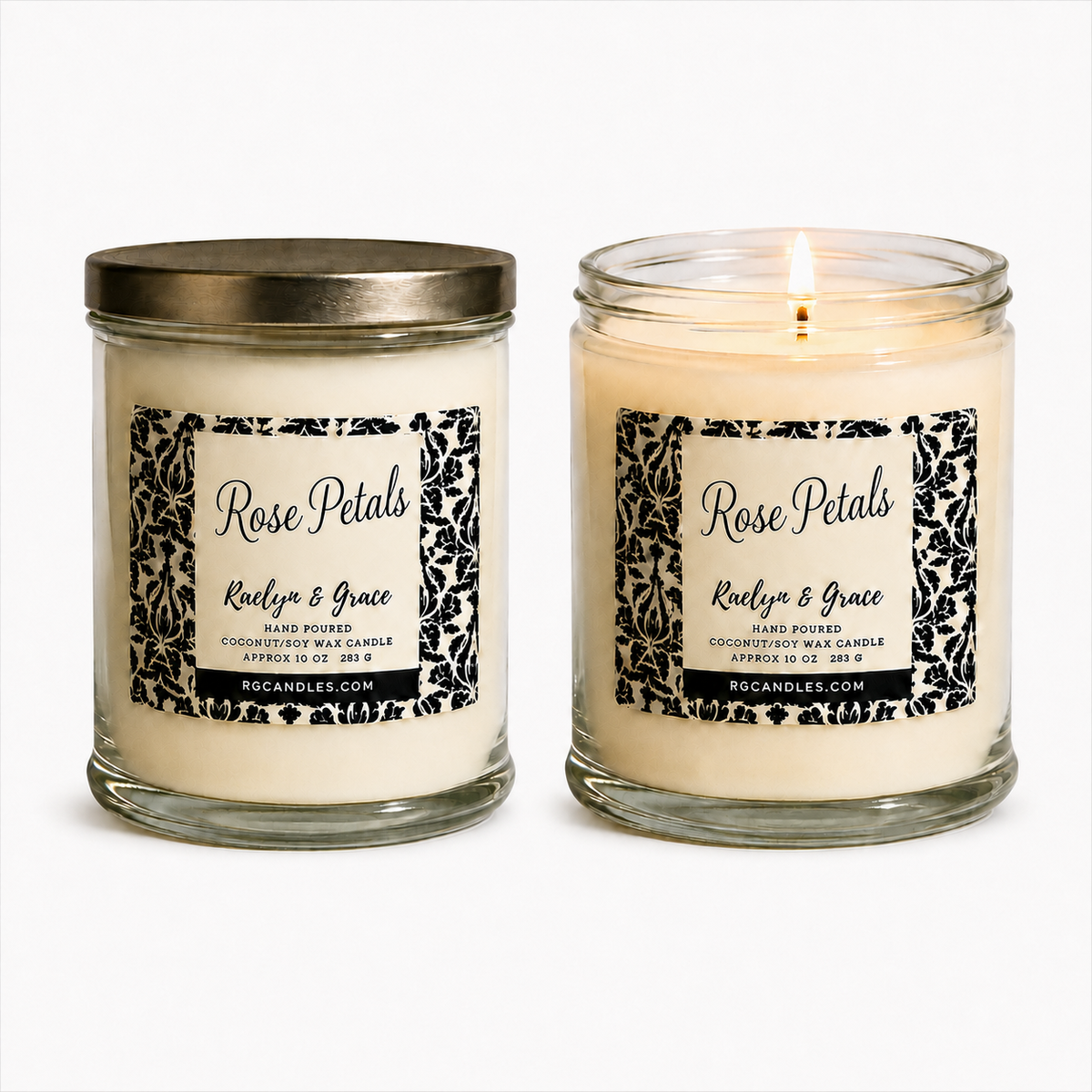 Rose Petals 10oz candle, unlit with lid and lit without lid