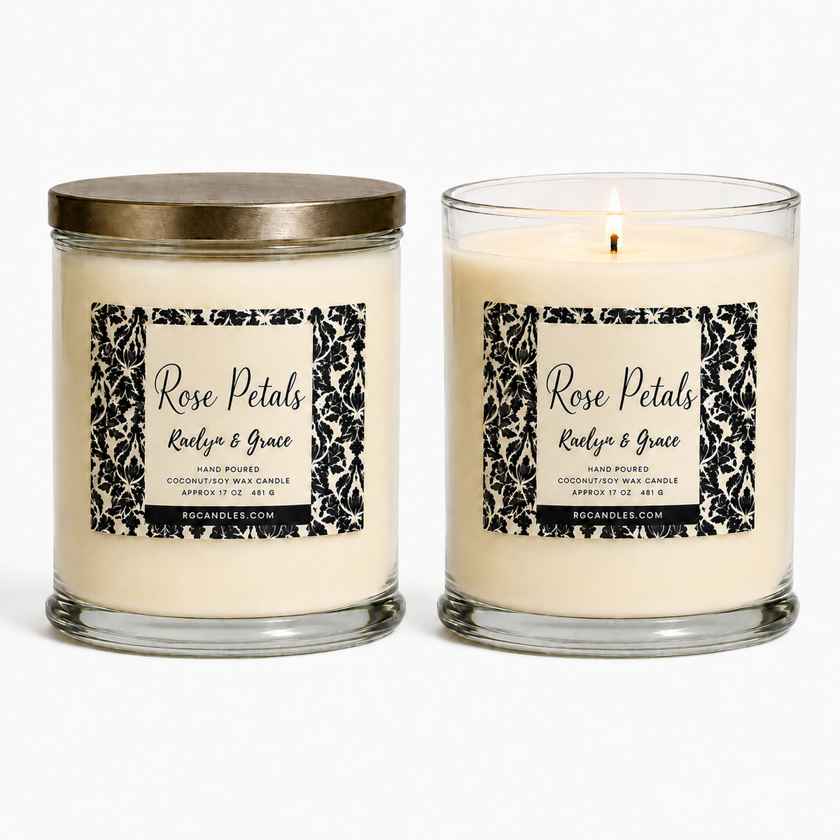 Rose Petals 17oz candle, unlit with lid and lit without lid