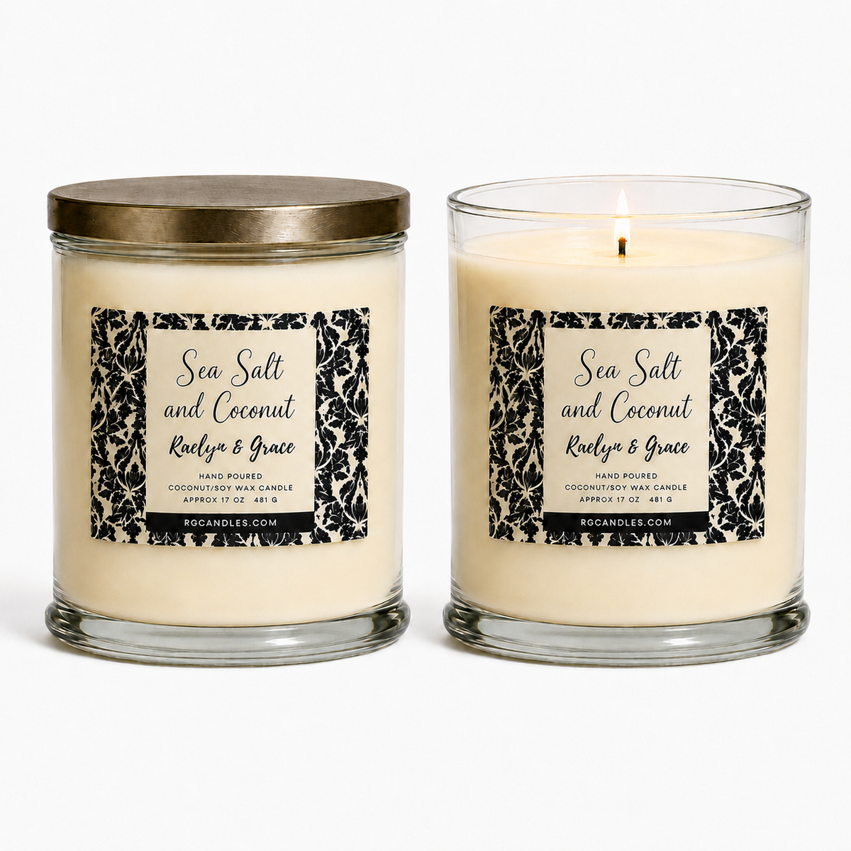 Sea Salt and Coconut 17oz candle, unlit with lid and lit without lid