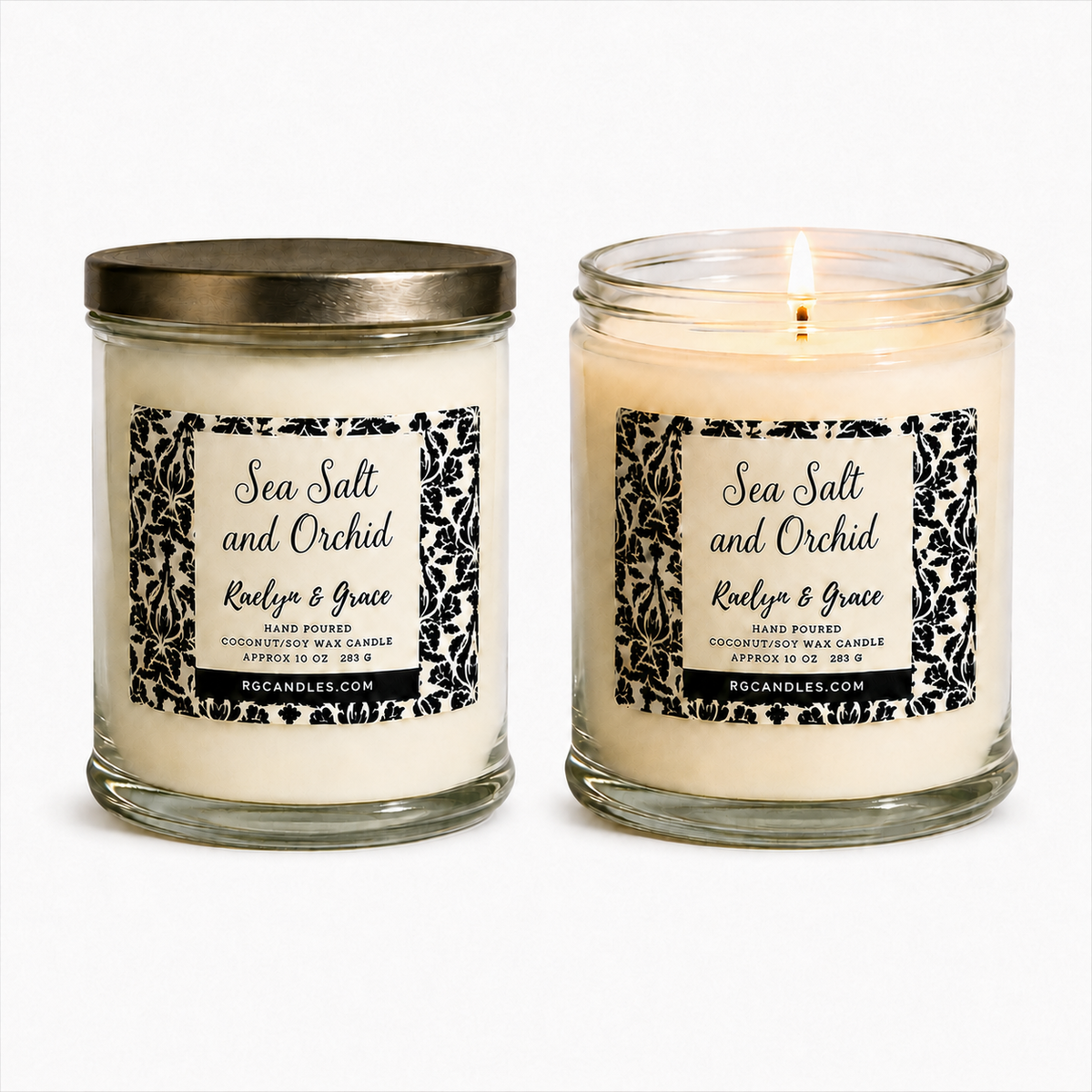 Sea Salt and Orchid 10oz candle, unlit with lid and lit without lid