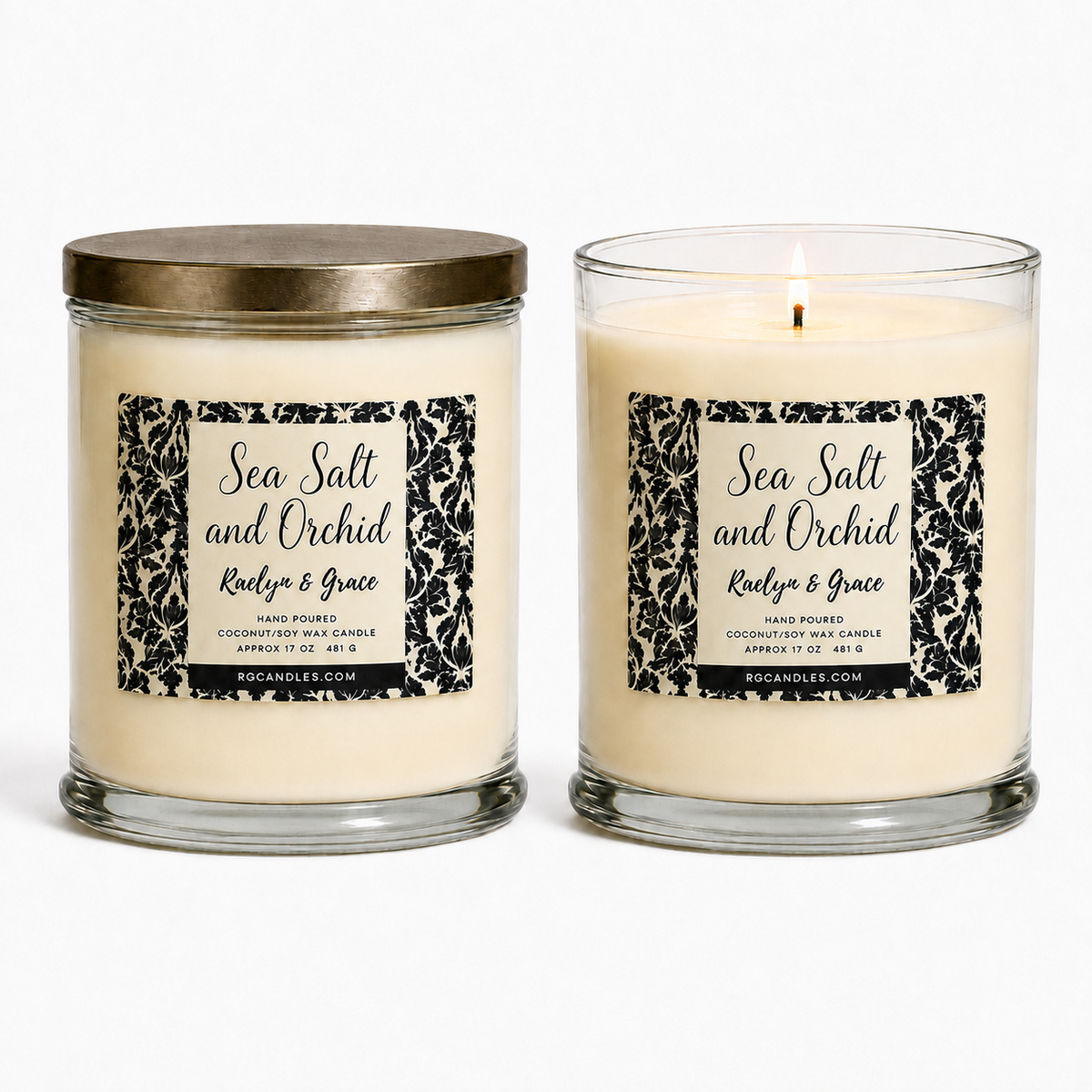 Sea Salt and Orchid 17oz candle, unlit with lid and lit without lid