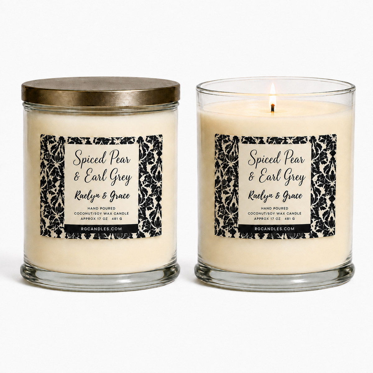 Spiced Pear & Earl Grey 17oz candle, unlit with lid and lit without lid