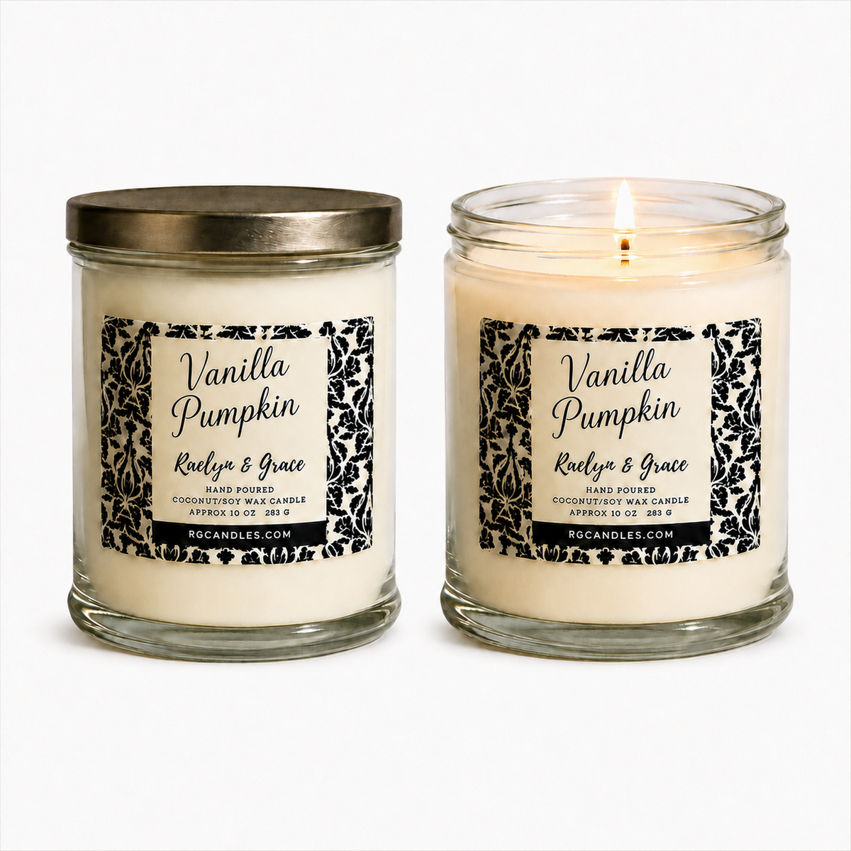 Vanilla Pumpkin 10oz candle, unlit with lid and lit without lid