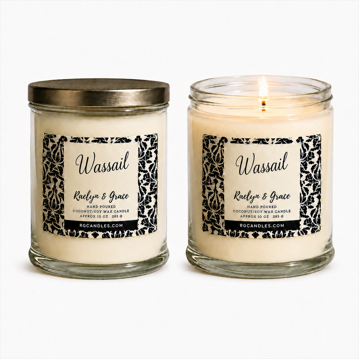 Wassail 10oz candle, unlit with lid and lit without lid