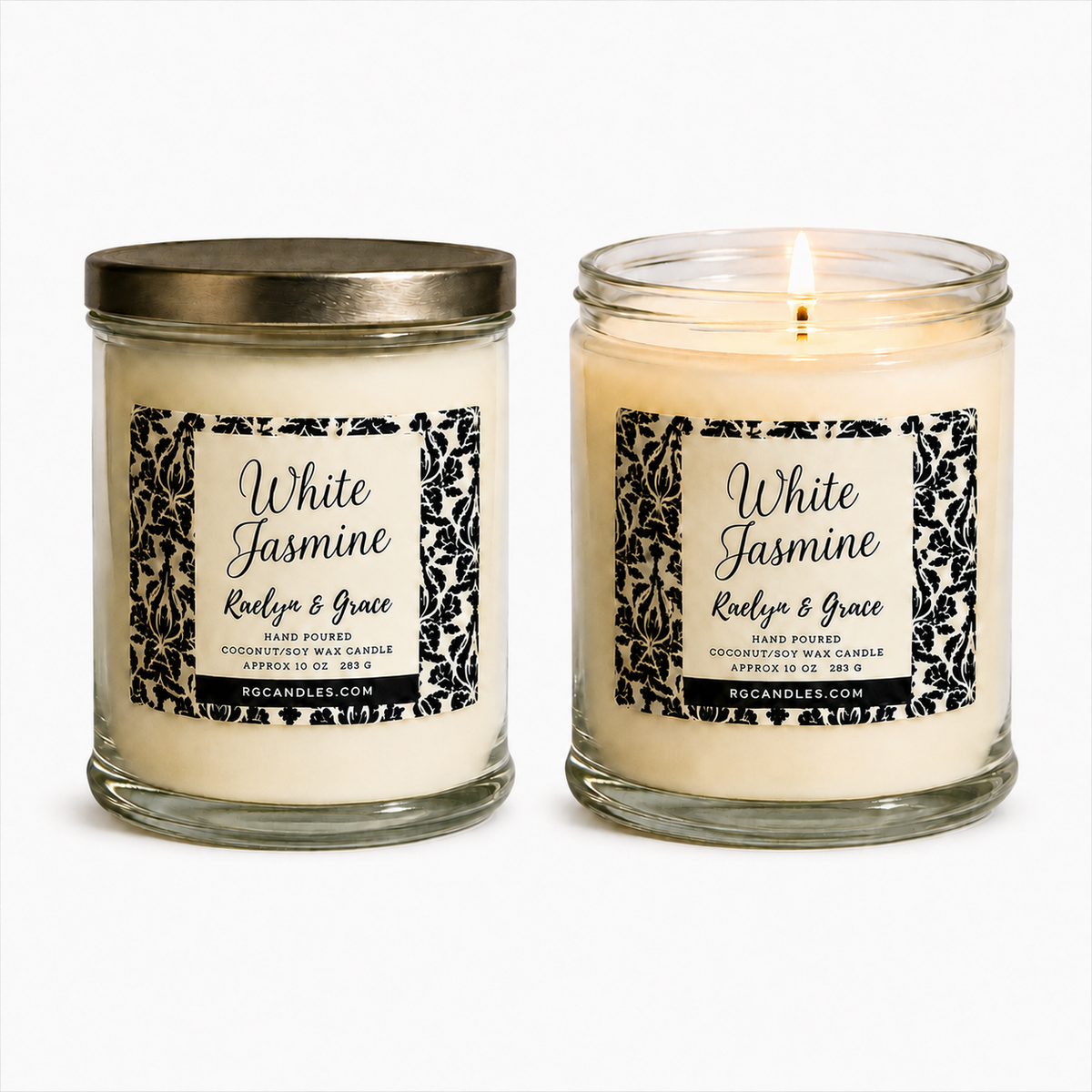 White Jasmine 10oz candle, unlit with lid and lit without lid