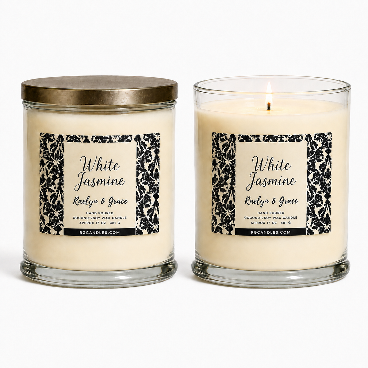 White Jasmine 17oz candle, unlit with lid and lit without lid