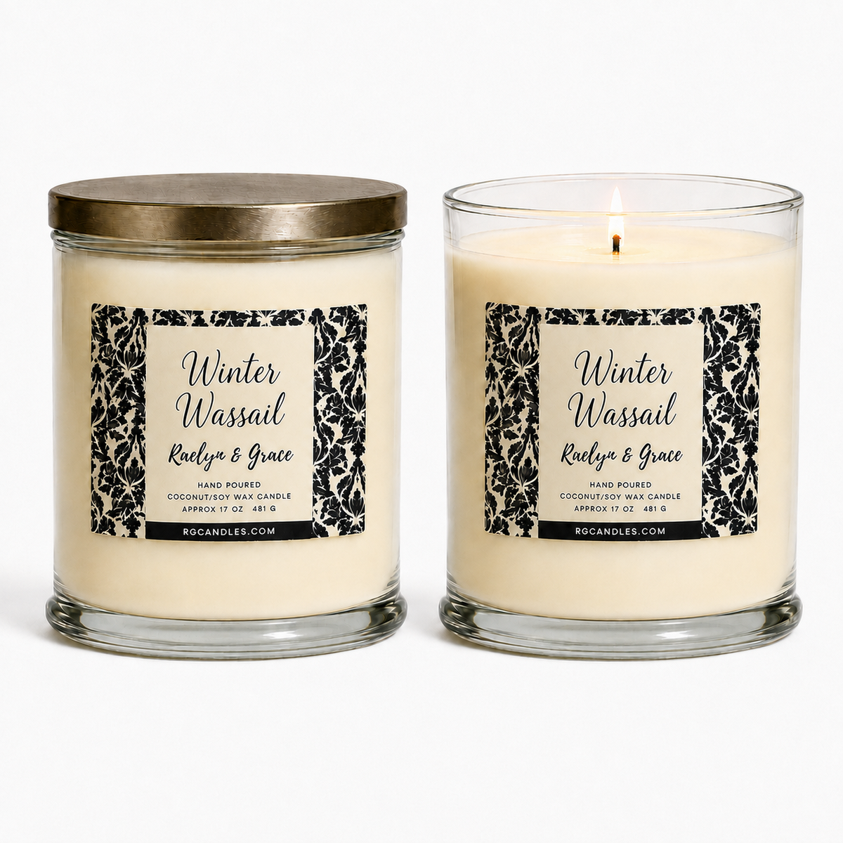 Winter Wassail 17oz candle, unlit with lid and lit without lid